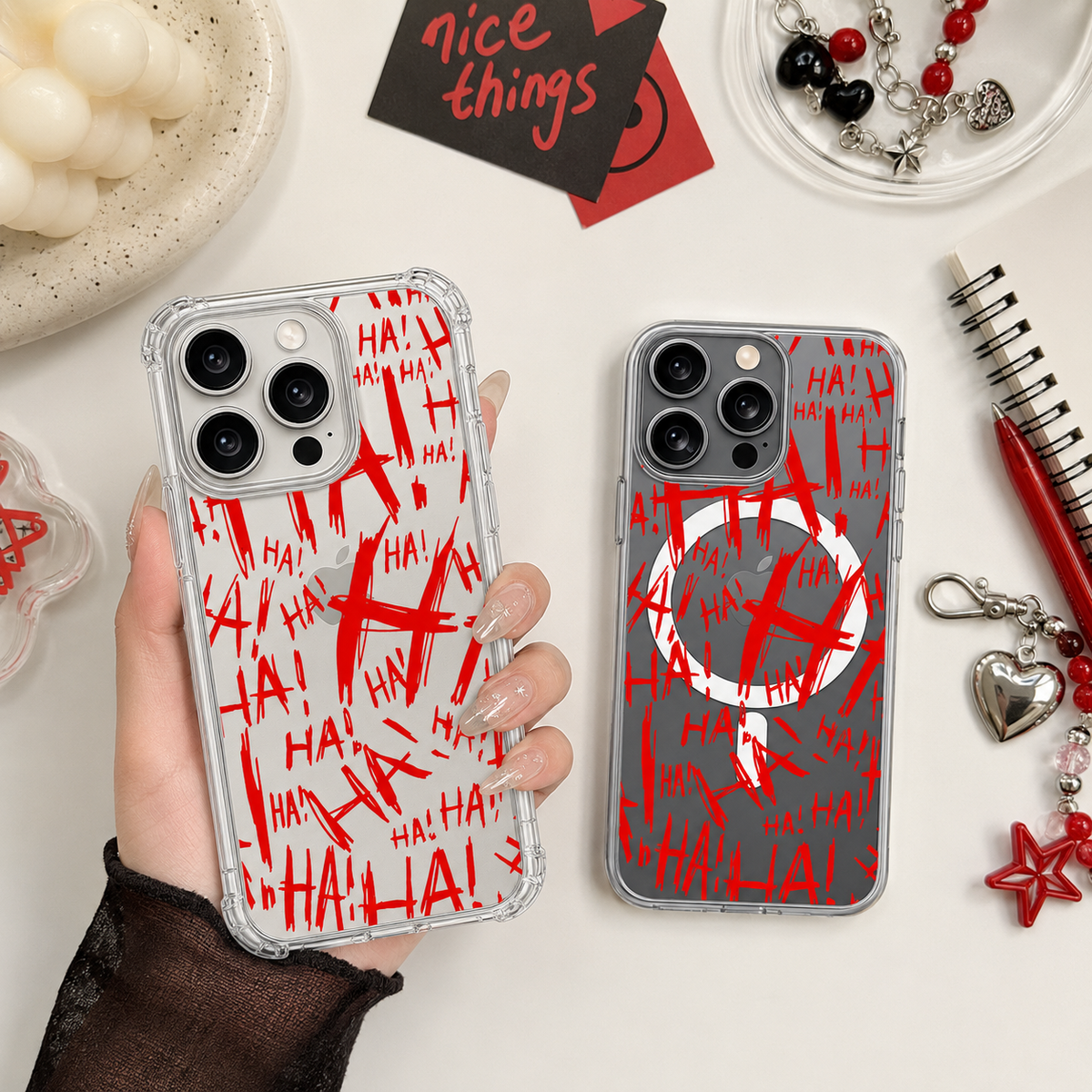 Red HA Horror iPhone Case , Samsung Case, Creepy Joker Style Clear Phone Case, MagSafe Compatible Dark Aesthetic Cover