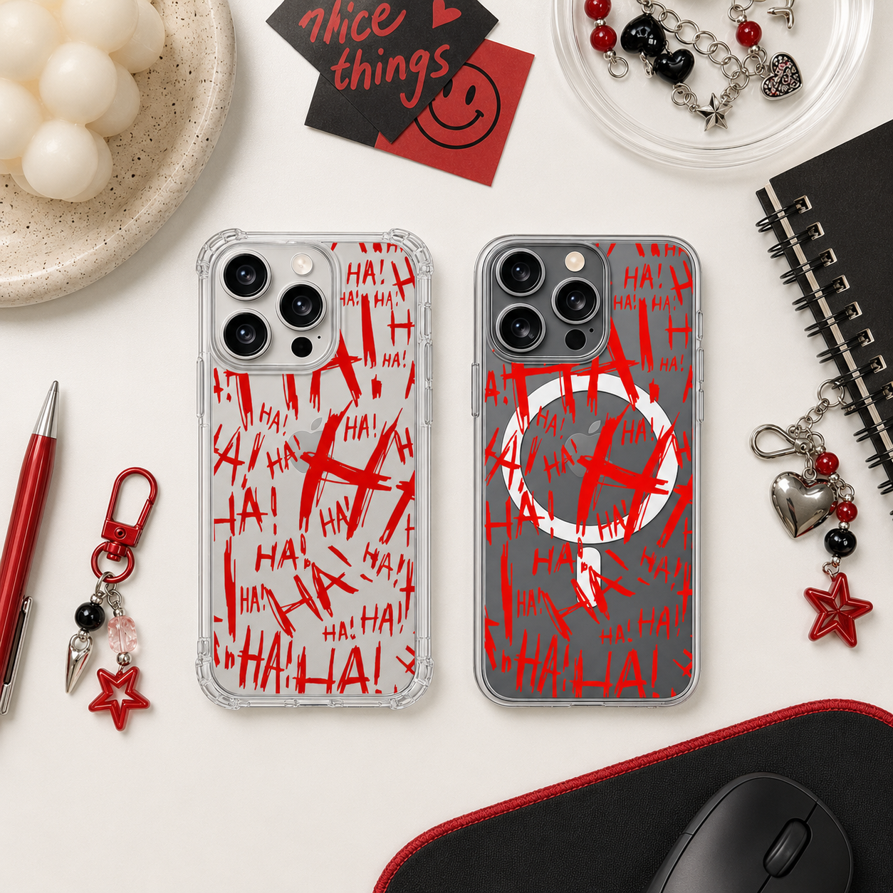 Red HA Horror iPhone Case , Samsung Case, Creepy Joker Style Clear Phone Case, MagSafe Compatible Dark Aesthetic Cover