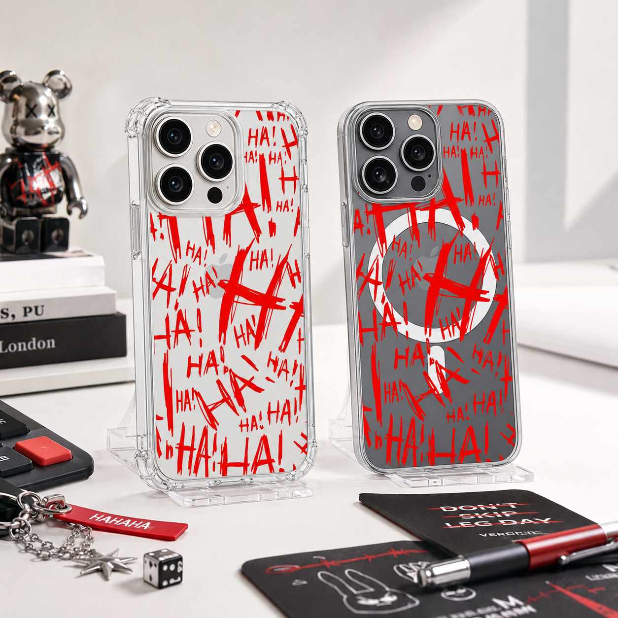 Red HA Horror iPhone Case , Samsung Case, Creepy Joker Style Clear Phone Case, MagSafe Compatible Dark Aesthetic Cover