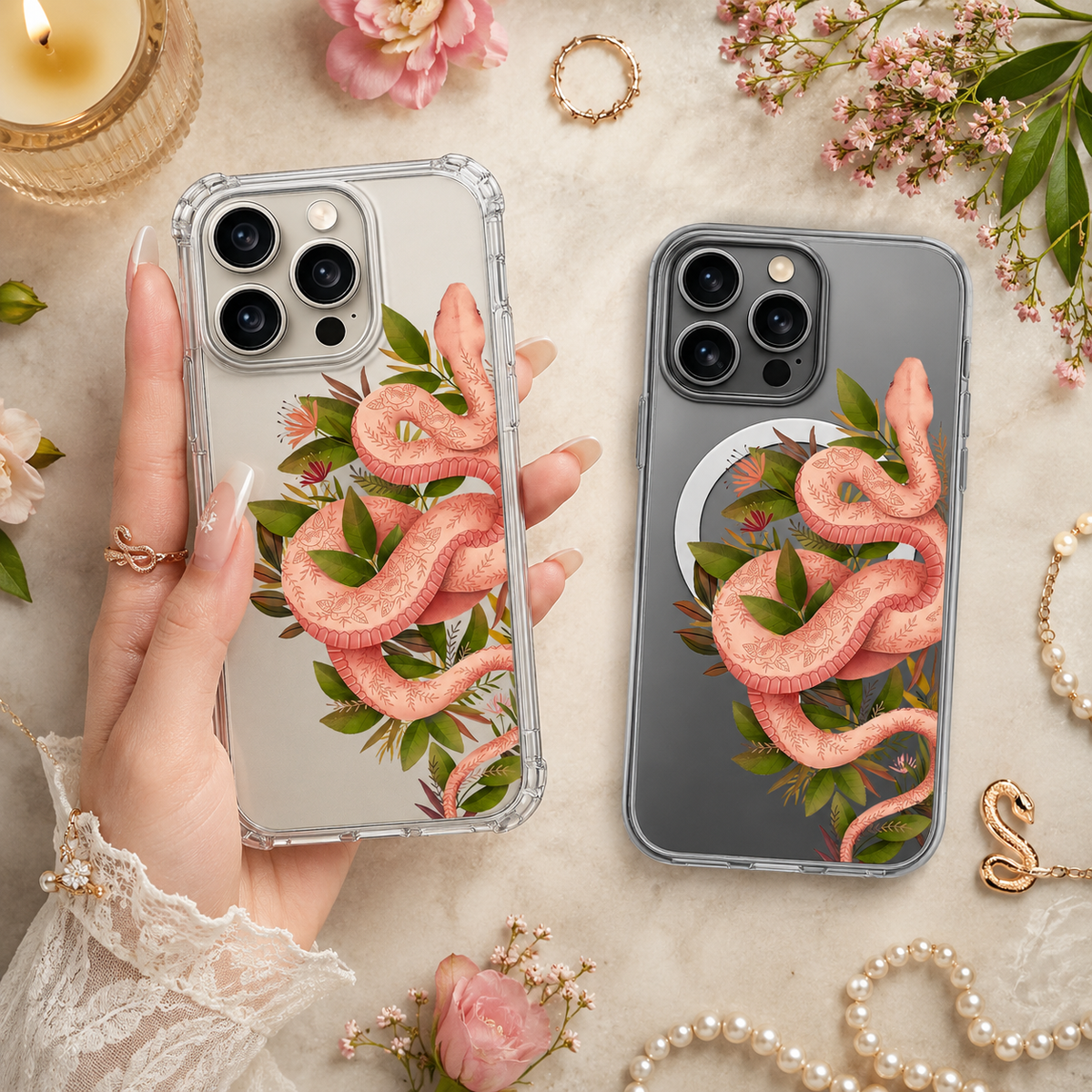 Floral Snake iPhone Case , Samsung Case, Botanical Serpent Clear Phone Case, MagSafe Compatible Nature Goth Cover
