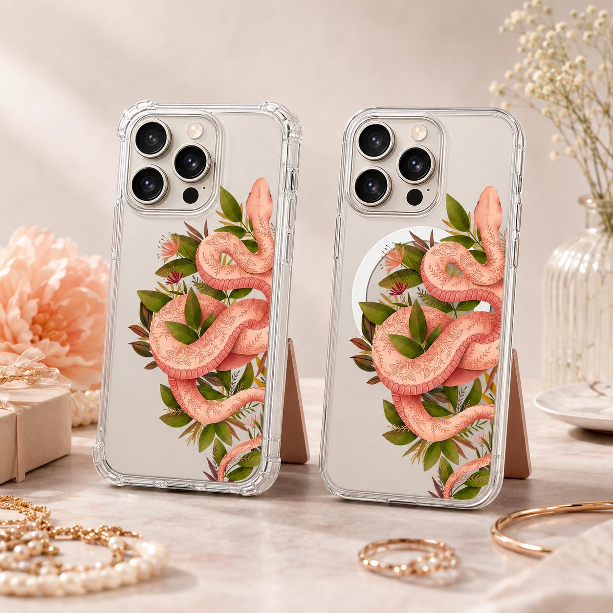 Floral Snake iPhone Case , Samsung Case, Botanical Serpent Clear Phone Case, MagSafe Compatible Nature Goth Cover