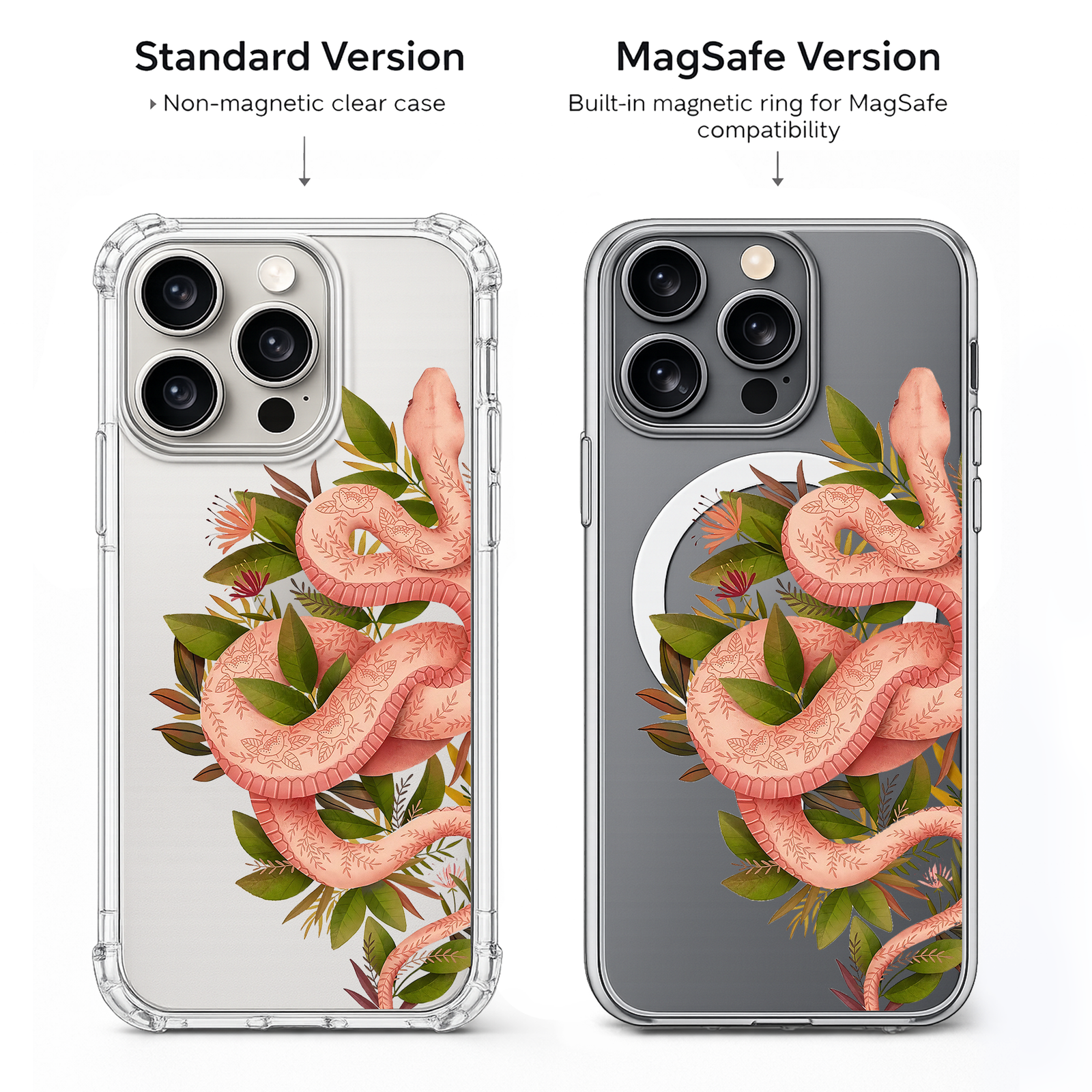 Floral Snake iPhone Case , Samsung Case, Botanical Serpent Clear Phone Case, MagSafe Compatible Nature Goth Cover