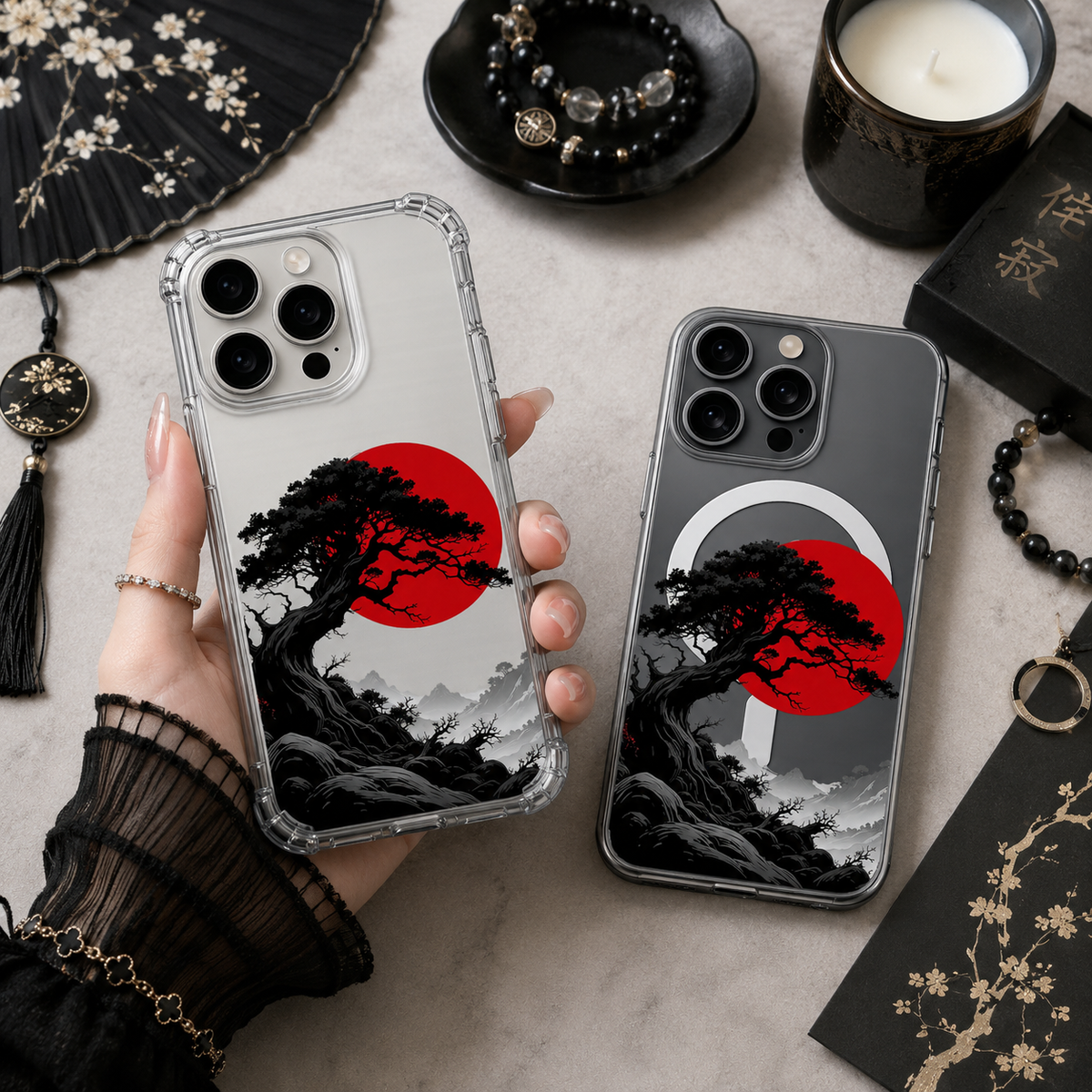 Japanese Red Sun Tree iPhone Case , Samsung Case, Minimal Zen Landscape Clear Phone Case, MagSafe Compatible Oriental Art Cover