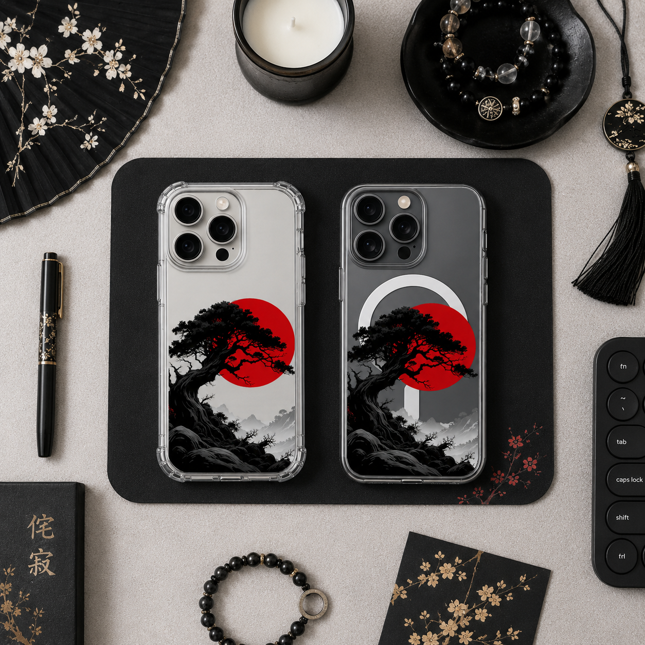 Japanese Red Sun Tree iPhone Case , Samsung Case, Minimal Zen Landscape Clear Phone Case, MagSafe Compatible Oriental Art Cover