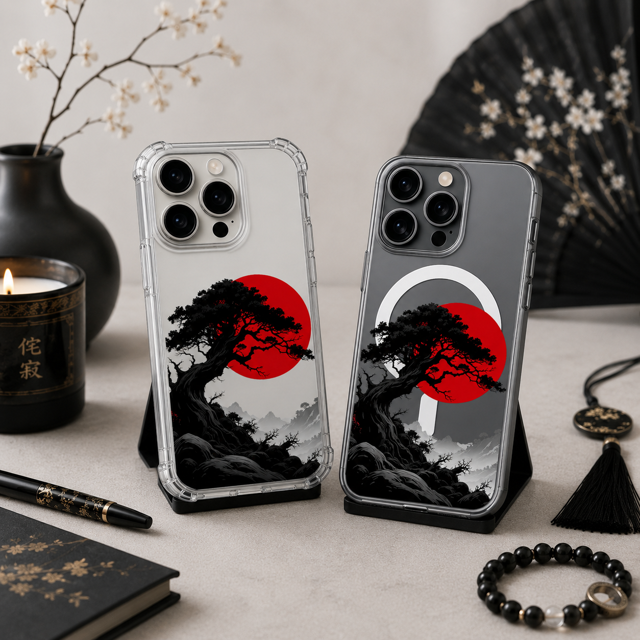 Japanese Red Sun Tree iPhone Case , Samsung Case, Minimal Zen Landscape Clear Phone Case, MagSafe Compatible Oriental Art Cover