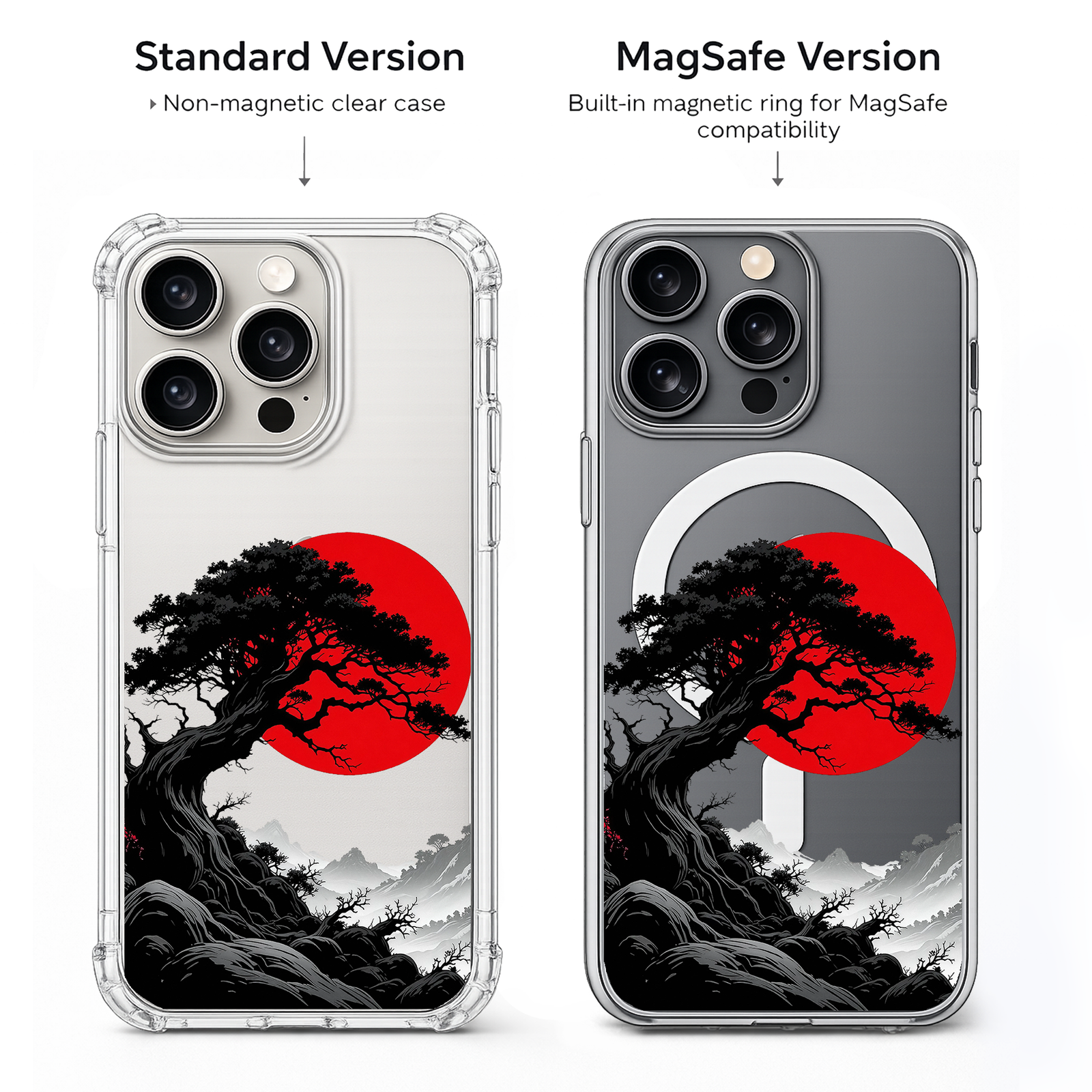 Japanese Red Sun Tree iPhone Case , Samsung Case, Minimal Zen Landscape Clear Phone Case, MagSafe Compatible Oriental Art Cover