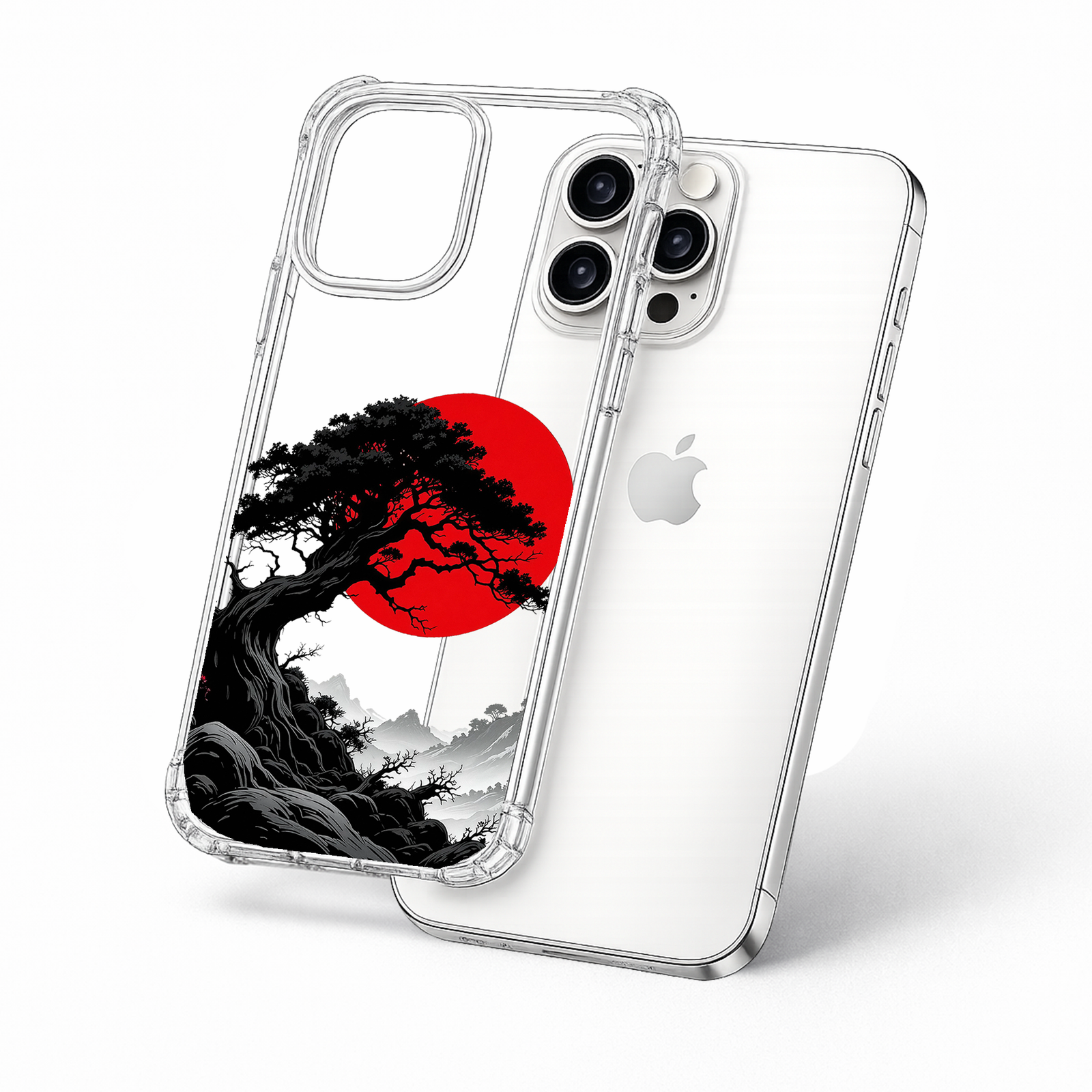 Japanese Red Sun Tree iPhone Case , Samsung Case, Minimal Zen Landscape Clear Phone Case, MagSafe Compatible Oriental Art Cover