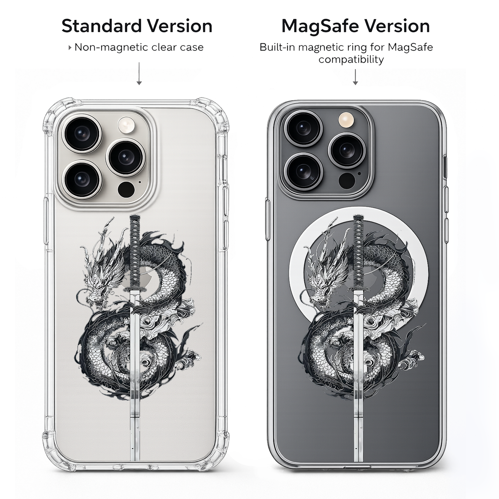 Samurai Dragon Sword iPhone Case , Samsung Case, Japanese Dragon Clear Phone Case, MagSafe Compatible Mythical Cover