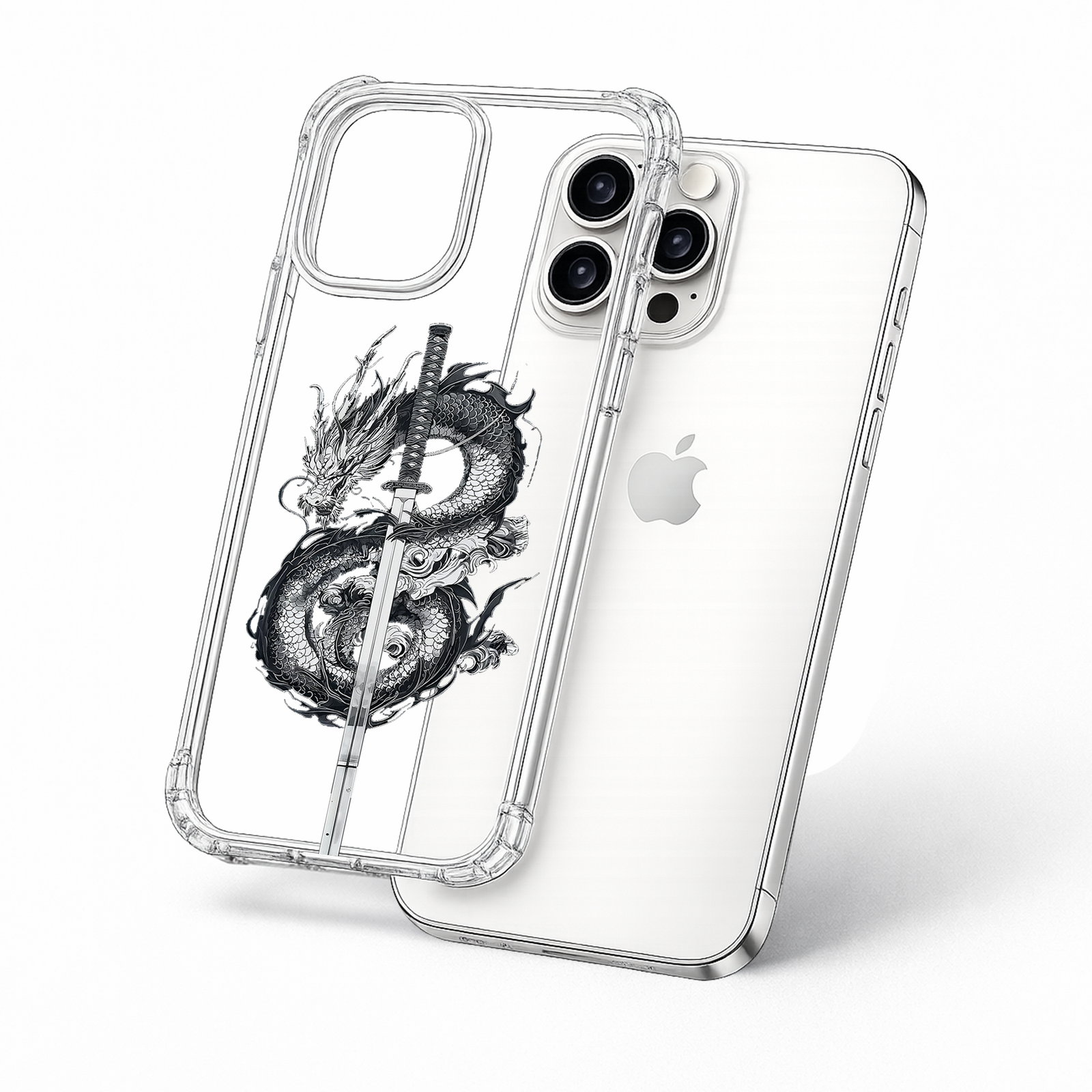 Samurai Dragon Sword iPhone Case , Samsung Case, Japanese Dragon Clear Phone Case, MagSafe Compatible Mythical Cover