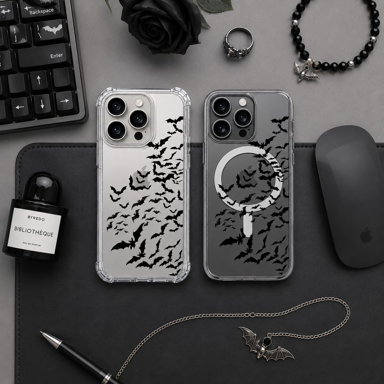 Flying Bats Halloween iPhone Case , Samsung Case, Spooky Bat Swarm Clear Phone Case, MagSafe Compatible Gothic Cover
