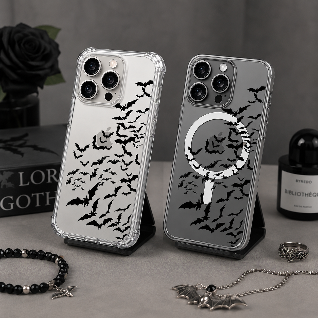 Flying Bats Halloween iPhone Case , Samsung Case, Spooky Bat Swarm Clear Phone Case, MagSafe Compatible Gothic Cover