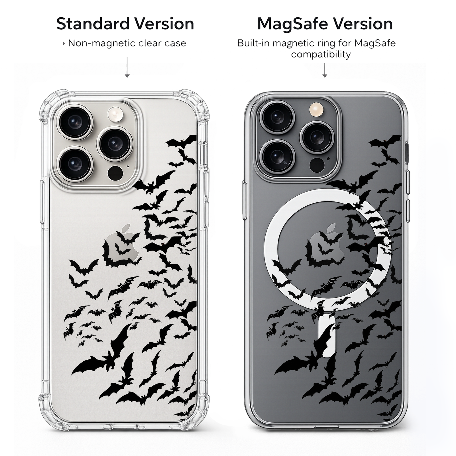 Flying Bats Halloween iPhone Case , Samsung Case, Spooky Bat Swarm Clear Phone Case, MagSafe Compatible Gothic Cover