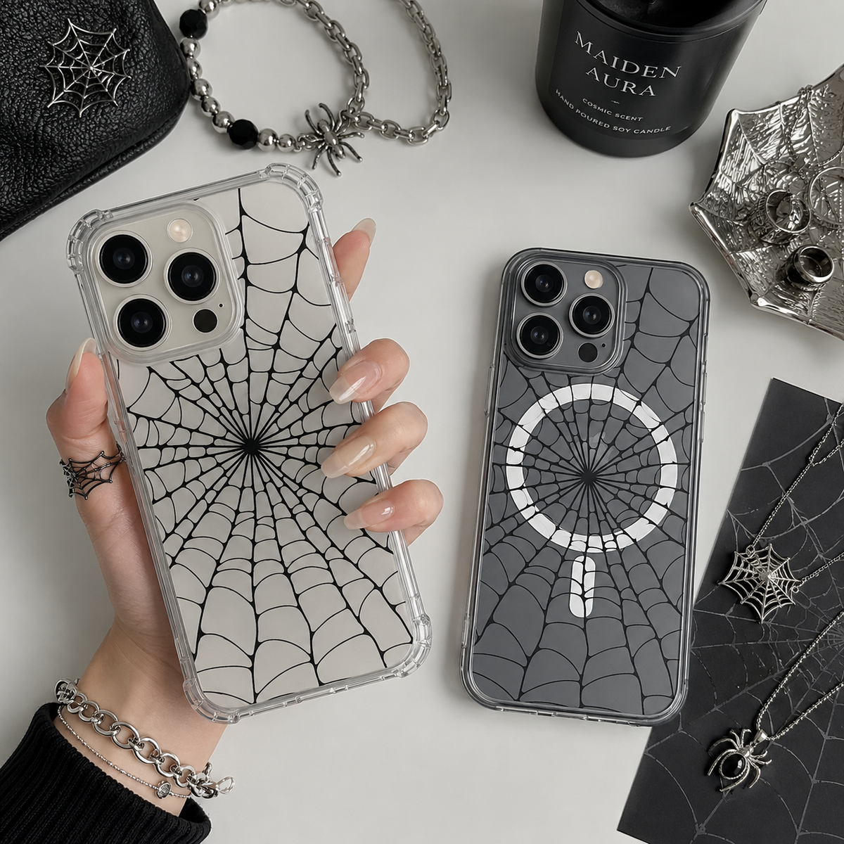 Spider Web Halloween iPhone Case , Samsung Case, Minimal Gothic Clear Phone Case, MagSafe Compatible Spooky Cover
