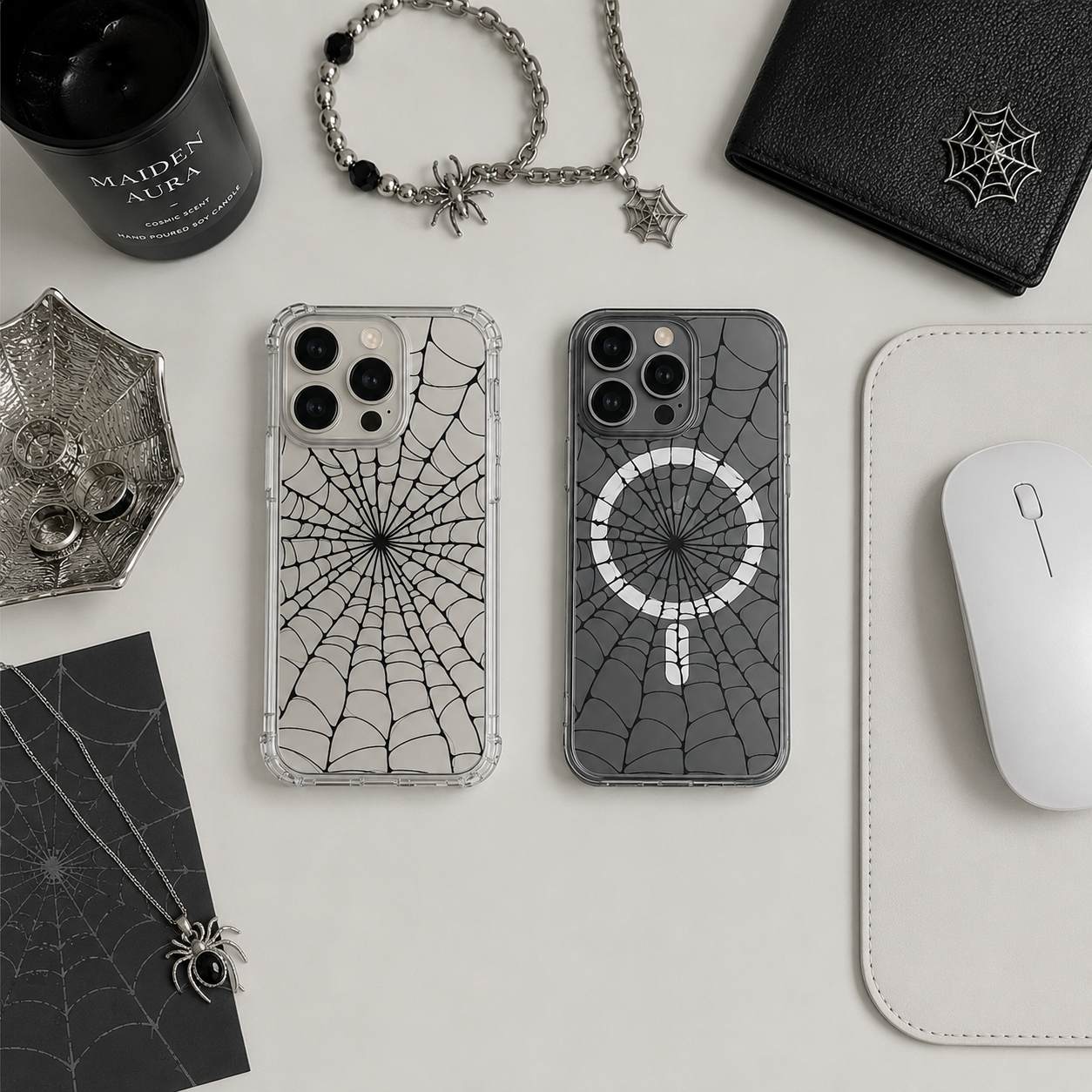 Spider Web Halloween iPhone Case , Samsung Case, Minimal Gothic Clear Phone Case, MagSafe Compatible Spooky Cover