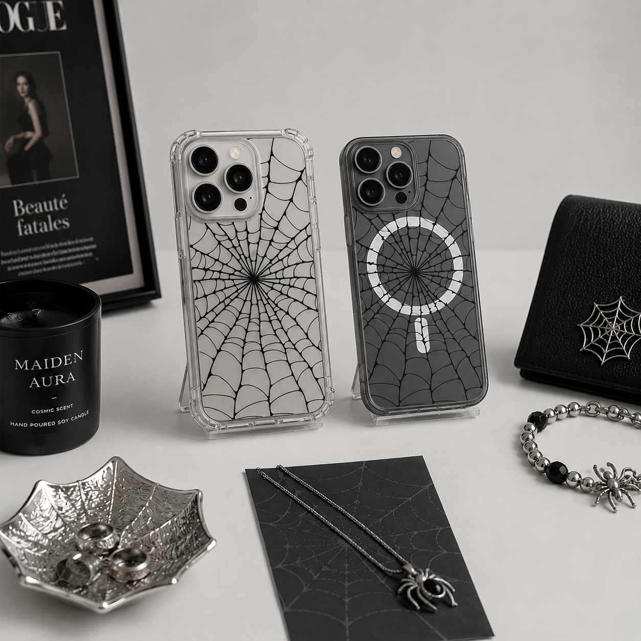 Spider Web Halloween iPhone Case , Samsung Case, Minimal Gothic Clear Phone Case, MagSafe Compatible Spooky Cover