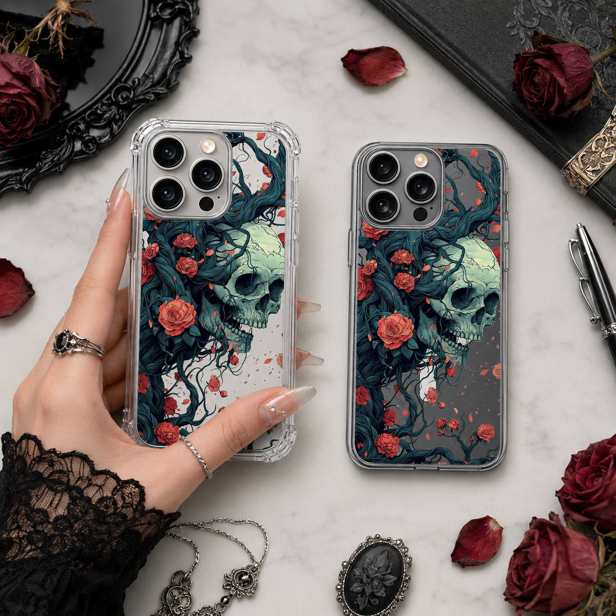 Skull and Roses Gothic iPhone Case , Samsung Case, Dark Floral Skull Clear Phone Case, MagSafe Compatible Horror Art Cover