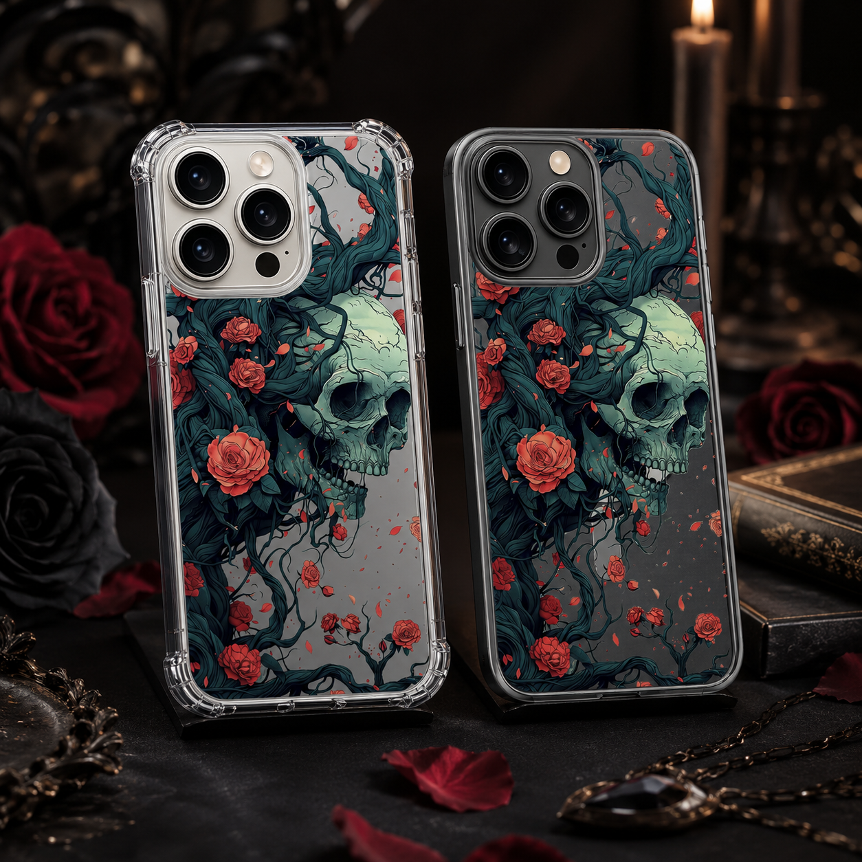 Skull and Roses Gothic iPhone Case , Samsung Case, Dark Floral Skull Clear Phone Case, MagSafe Compatible Horror Art Cover