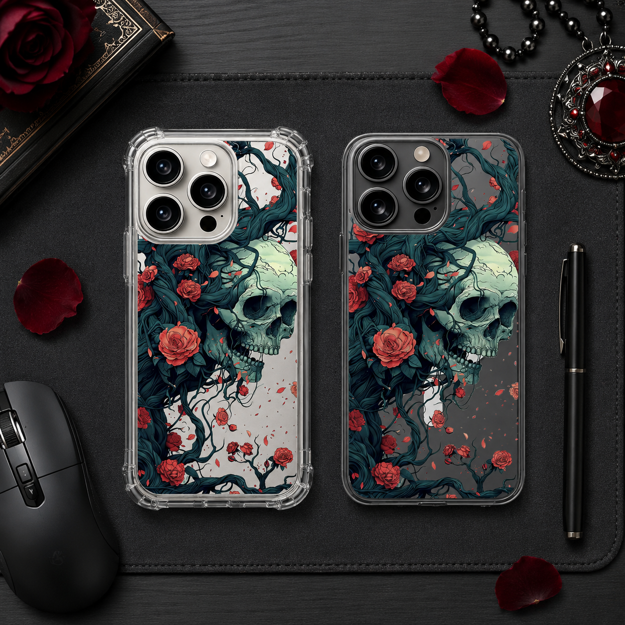 Skull and Roses Gothic iPhone Case , Samsung Case, Dark Floral Skull Clear Phone Case, MagSafe Compatible Horror Art Cover