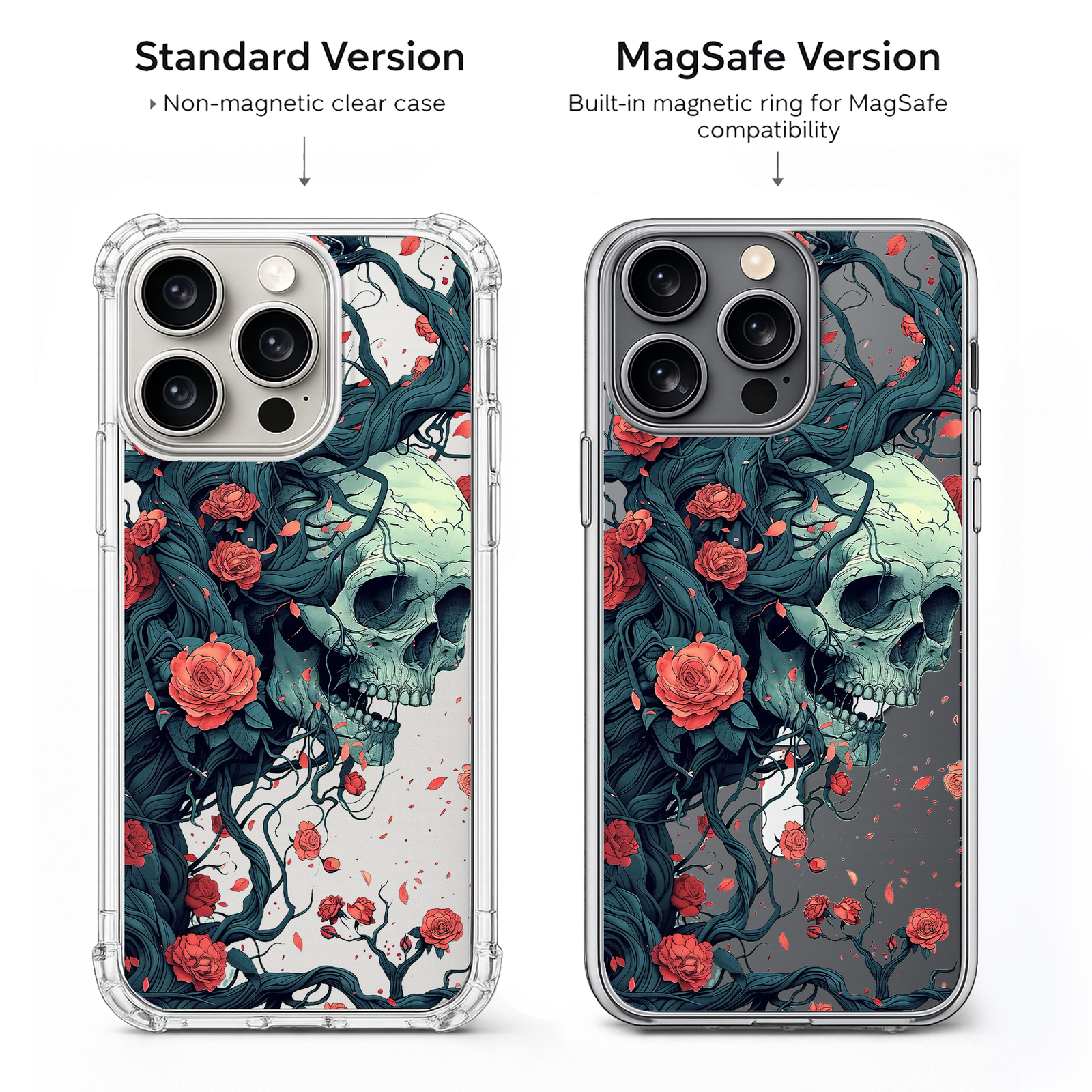 Skull and Roses Gothic iPhone Case , Samsung Case, Dark Floral Skull Clear Phone Case, MagSafe Compatible Horror Art Cover