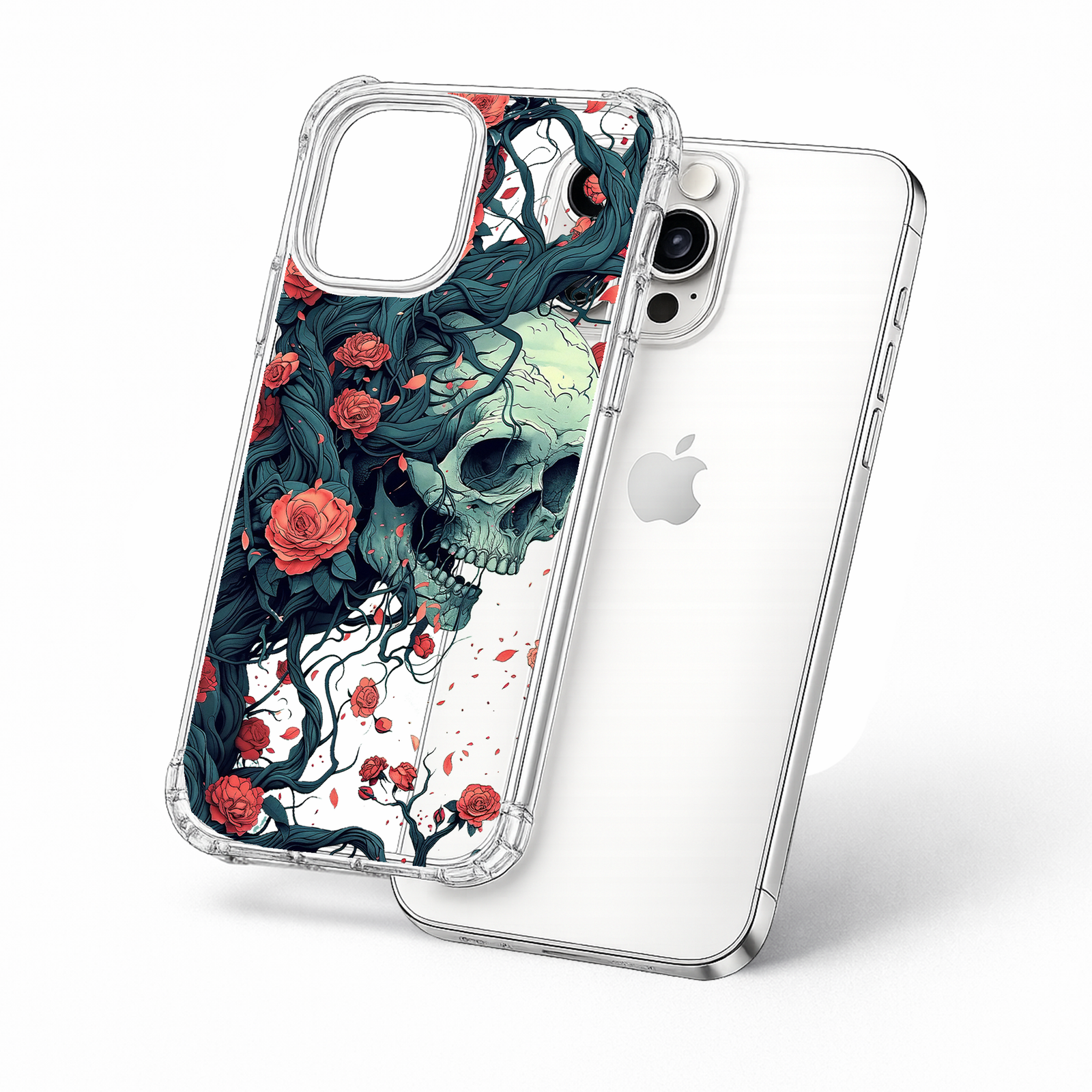 Skull and Roses Gothic iPhone Case , Samsung Case, Dark Floral Skull Clear Phone Case, MagSafe Compatible Horror Art Cover