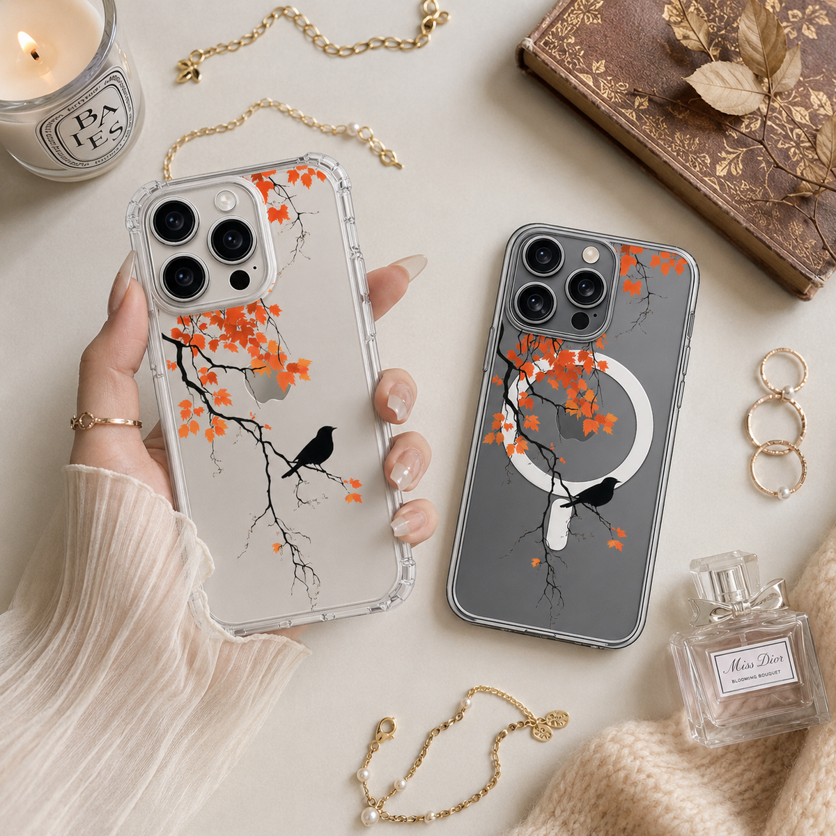 Autumn Branch Bird iPhone Case , Samsung Case, Minimal Black Bird Clear Phone Case, MagSafe Compatible Fall Nature Cover