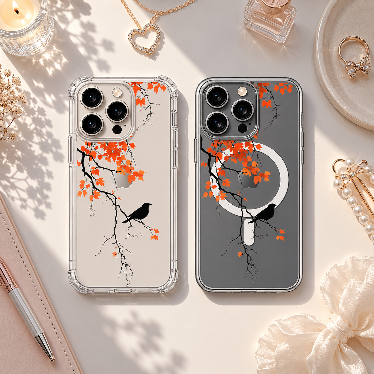 Autumn Branch Bird iPhone Case , Samsung Case, Minimal Black Bird Clear Phone Case, MagSafe Compatible Fall Nature Cover