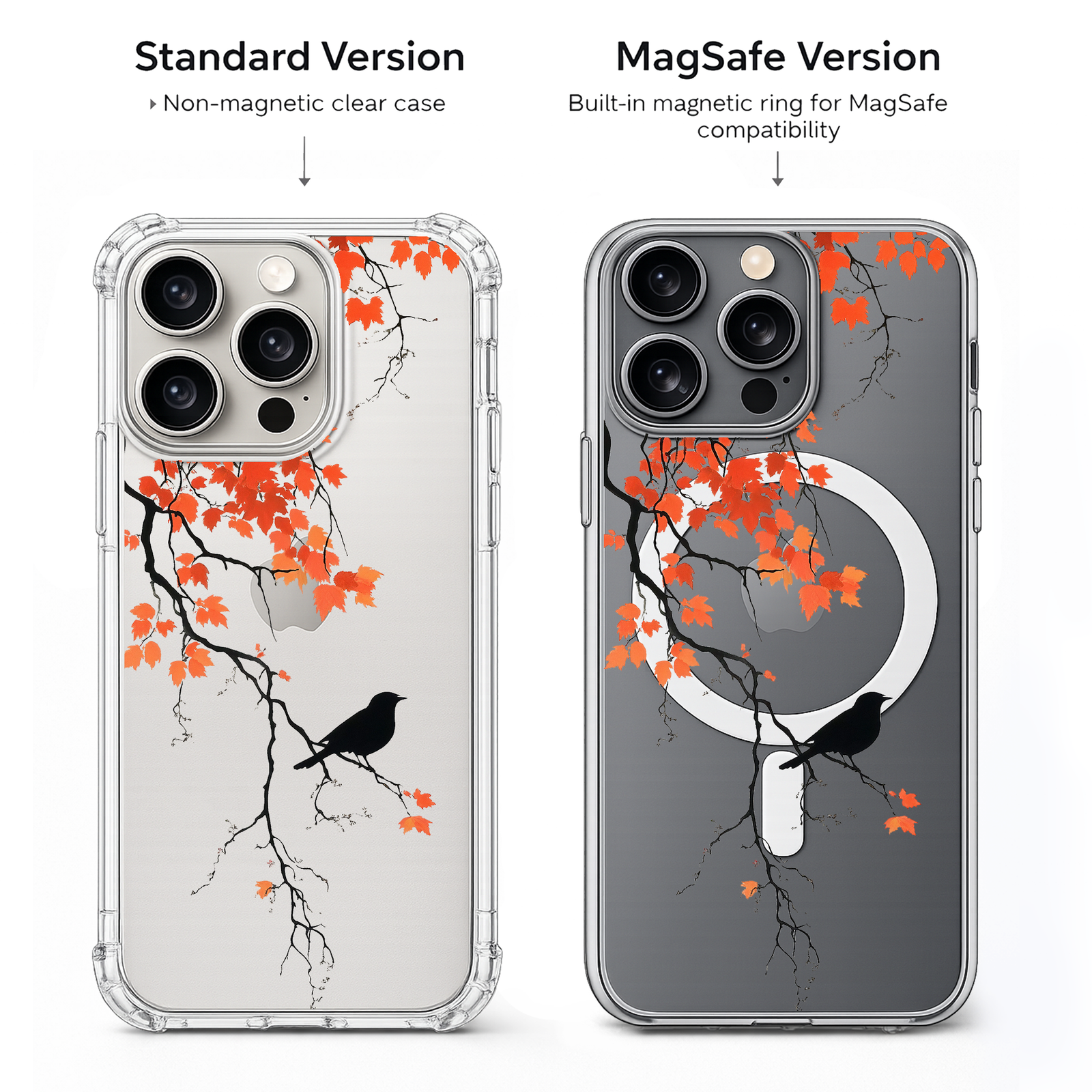 Autumn Branch Bird iPhone Case , Samsung Case, Minimal Black Bird Clear Phone Case, MagSafe Compatible Fall Nature Cover