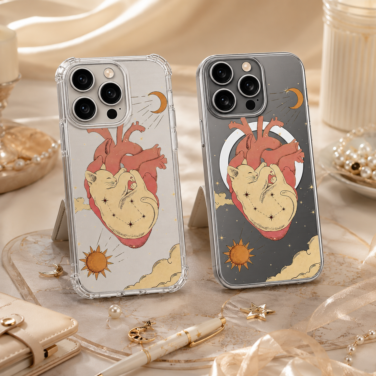 Cosmic Cat Heart iPhone Case , Samsung Case, Celestial Anatomy Clear Phone Case, MagSafe Compatible Mystical Cat Cover