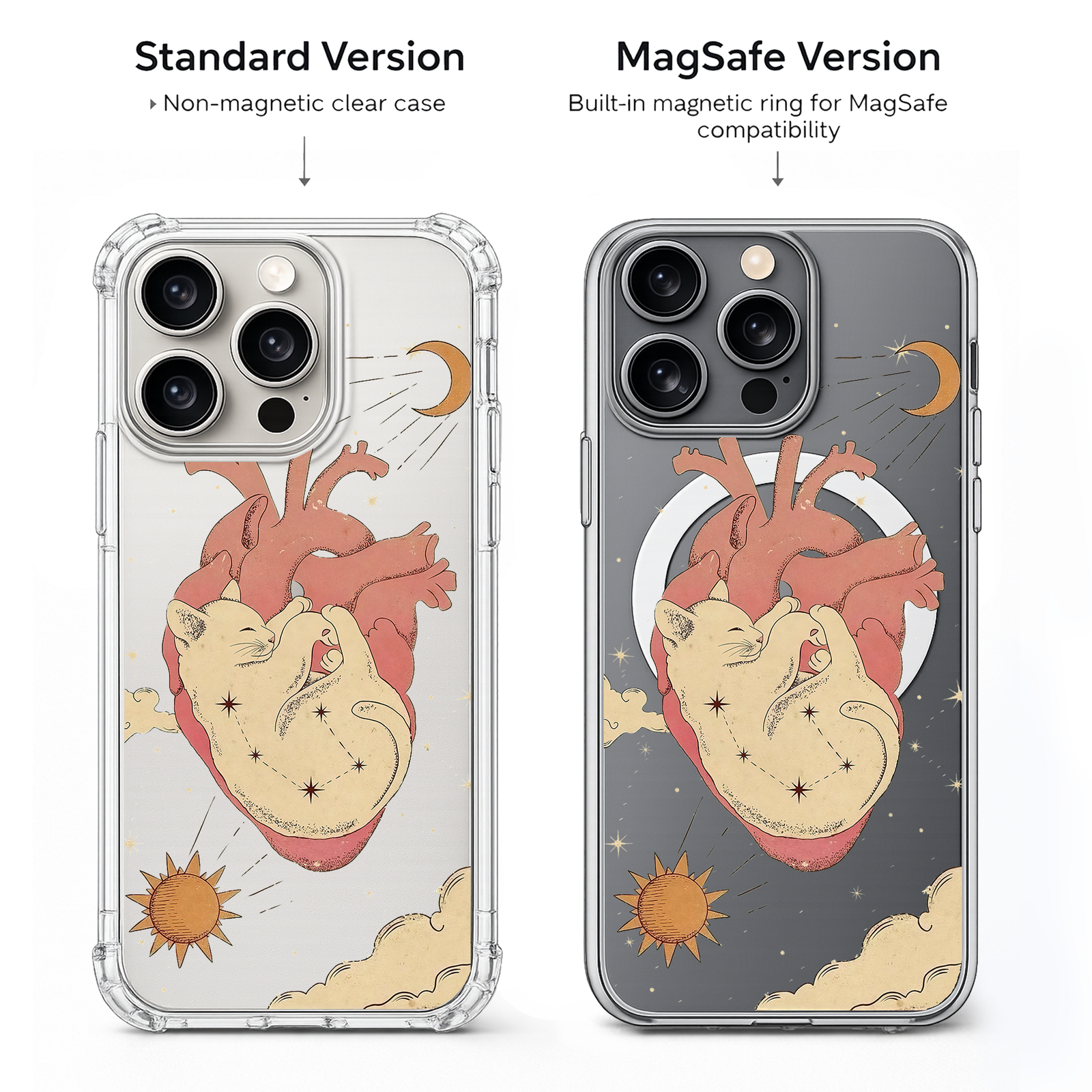 Cosmic Cat Heart iPhone Case , Samsung Case, Celestial Anatomy Clear Phone Case, MagSafe Compatible Mystical Cat Cover