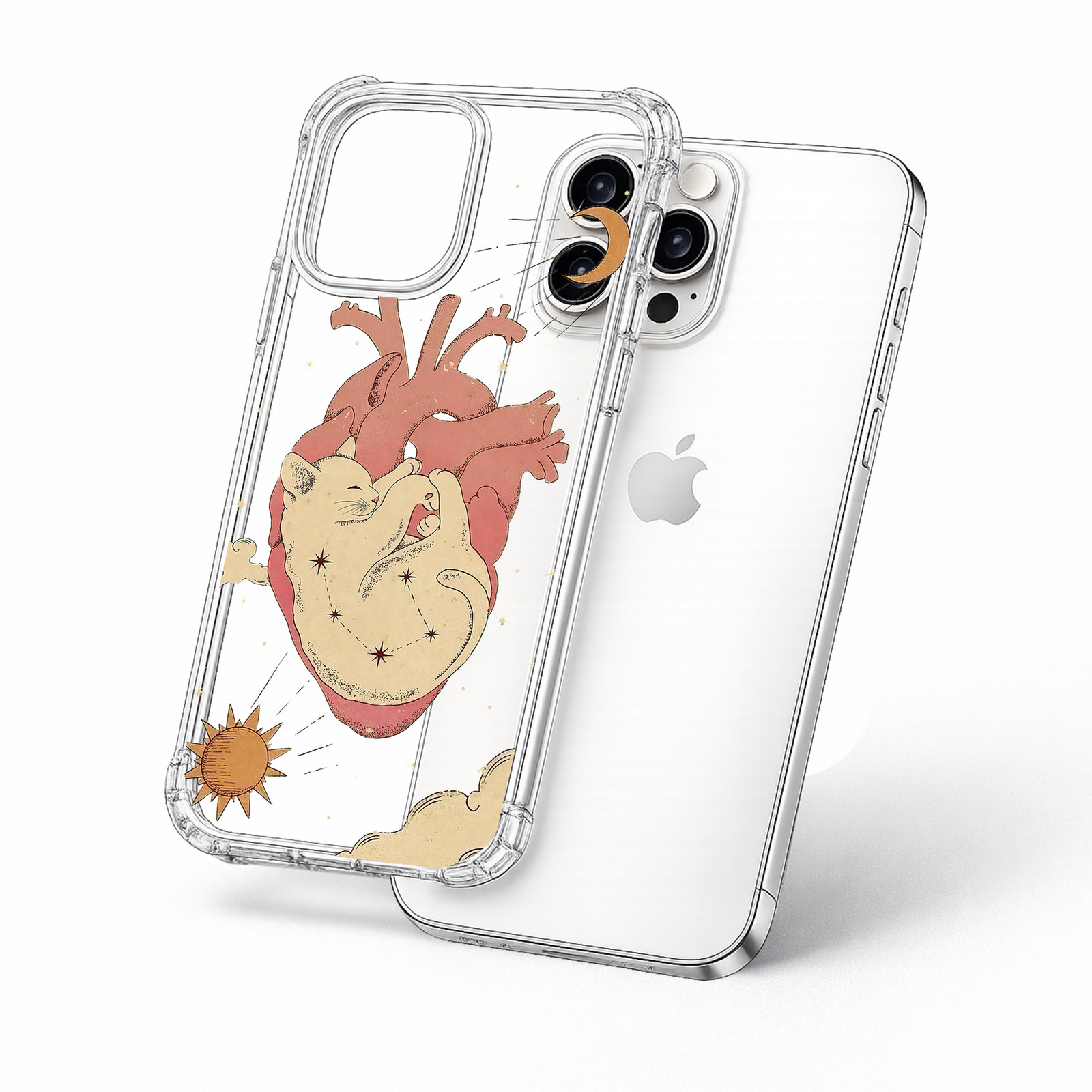 Cosmic Cat Heart iPhone Case , Samsung Case, Celestial Anatomy Clear Phone Case, MagSafe Compatible Mystical Cat Cover