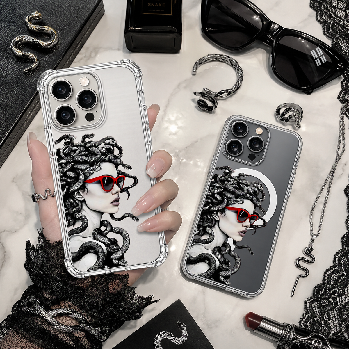 Medusa Red Sunglasses iPhone Case , Samsung Case, Fashion Snake Hair Clear Phone Case, MagSafe Compatible Mythology Cover