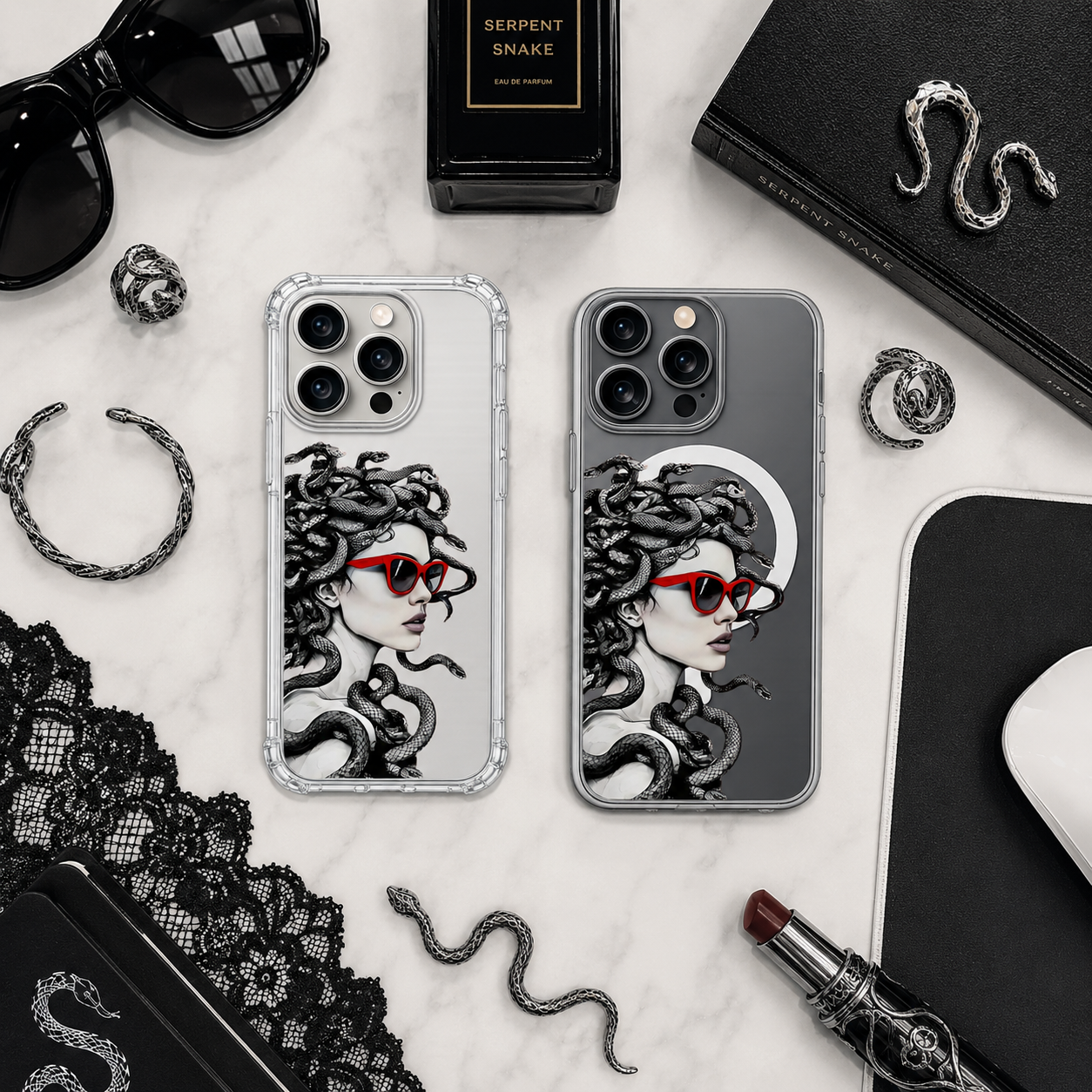 Medusa Red Sunglasses iPhone Case , Samsung Case, Fashion Snake Hair Clear Phone Case, MagSafe Compatible Mythology Cover