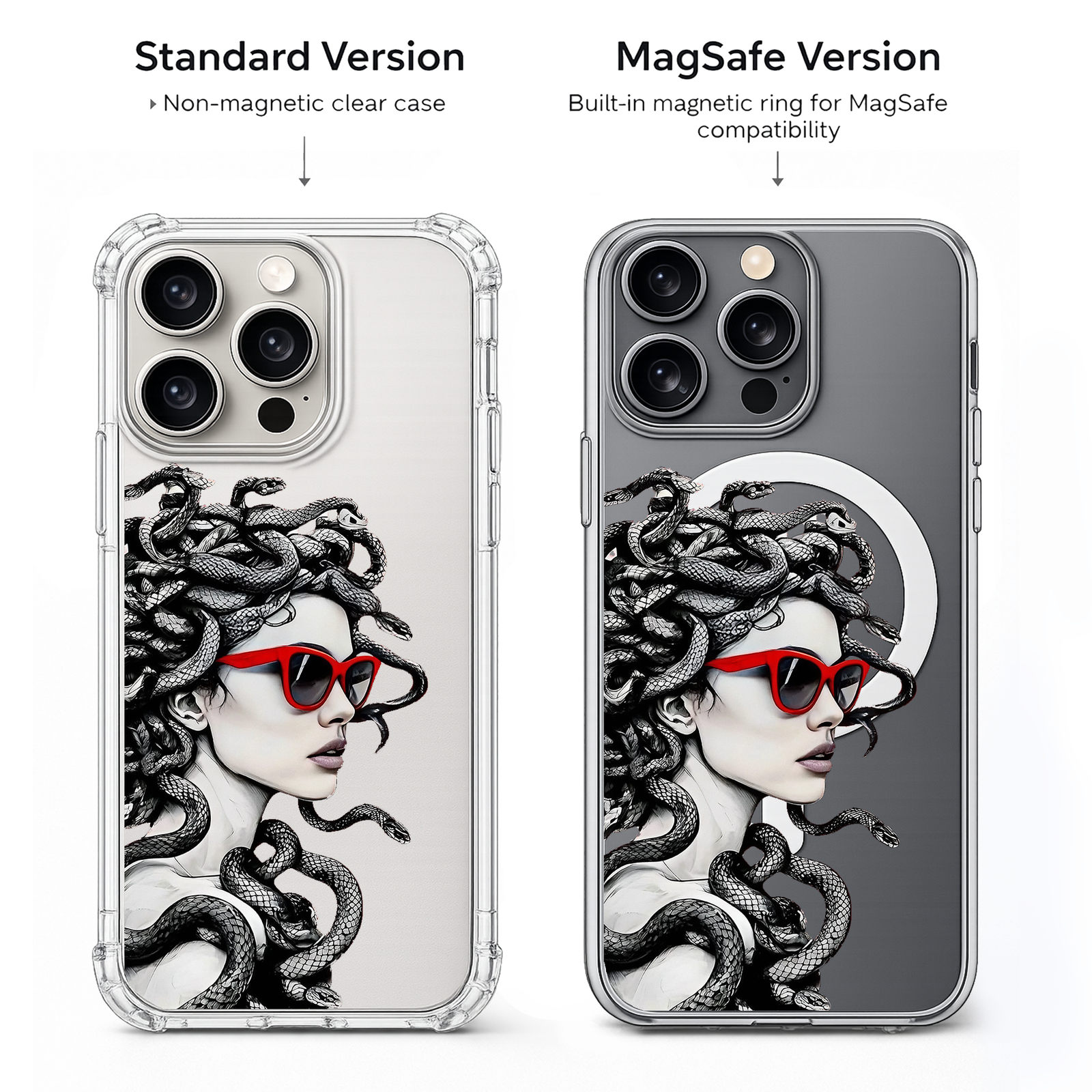 Medusa Red Sunglasses iPhone Case , Samsung Case, Fashion Snake Hair Clear Phone Case, MagSafe Compatible Mythology Cover