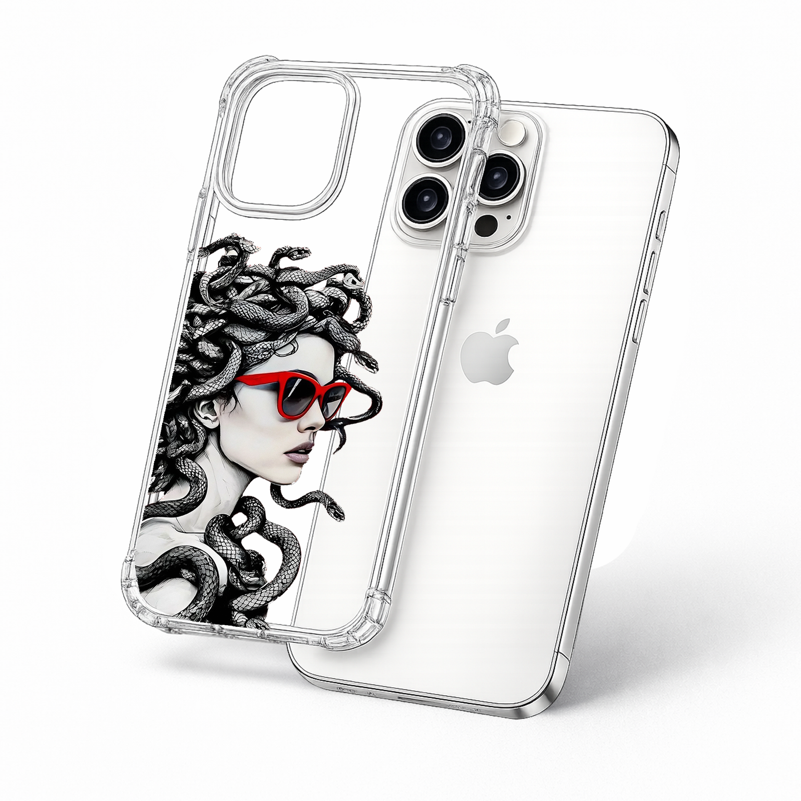 Medusa Red Sunglasses iPhone Case , Samsung Case, Fashion Snake Hair Clear Phone Case, MagSafe Compatible Mythology Cover