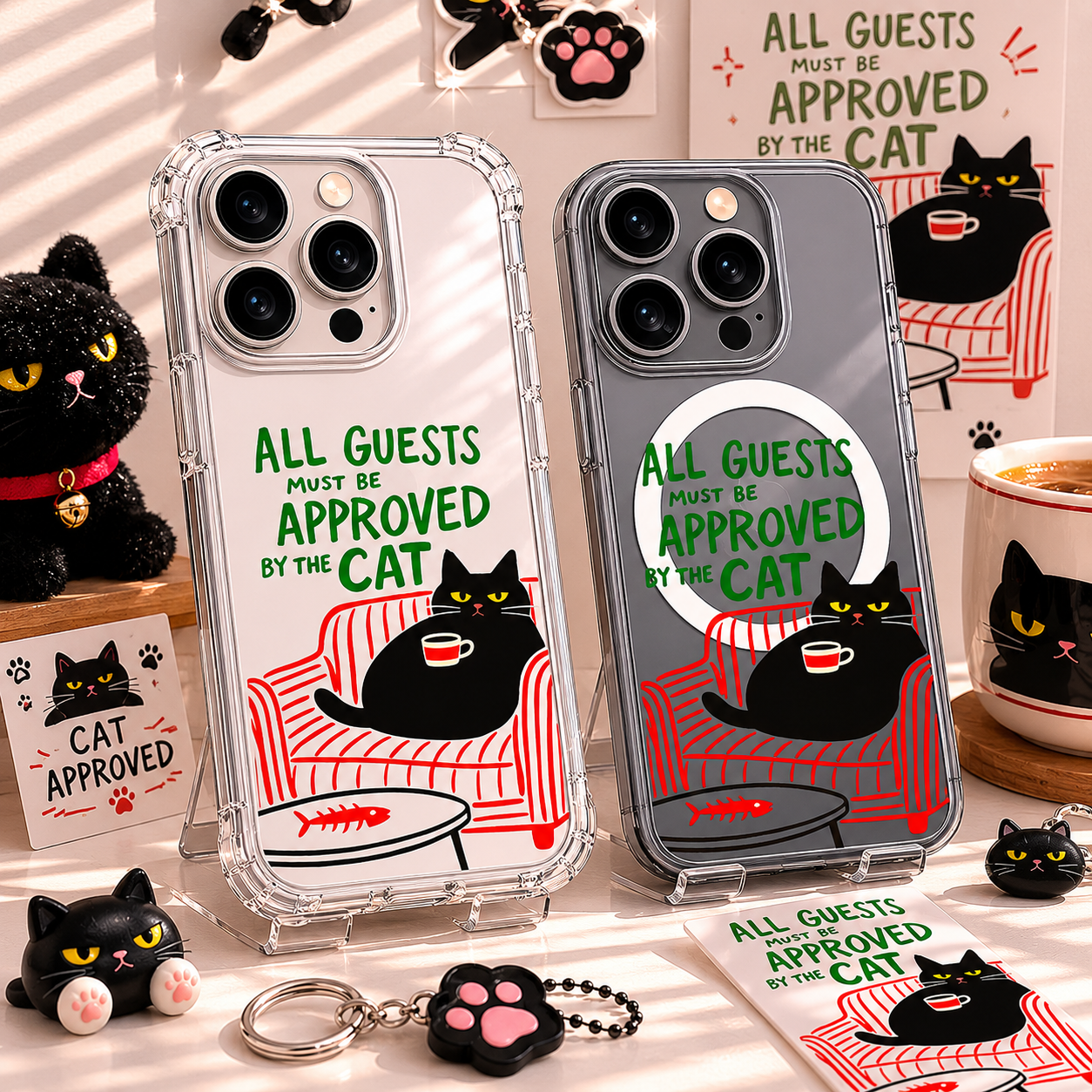 All Guests Approved by Cat iPhone Case , Samsung Case, Funny Black Cat Clear Phone Case, MagSafe Compatible Cat Lover Cover