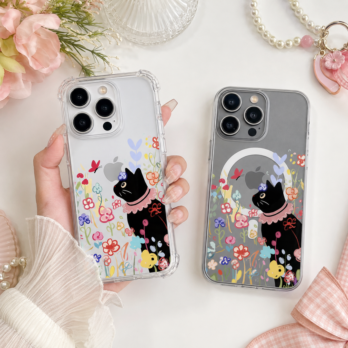 Floral Black Cat iPhone Case , Samsung Case, Cute Garden Kitty Clear Phone Case, MagSafe Compatible Whimsical Cover