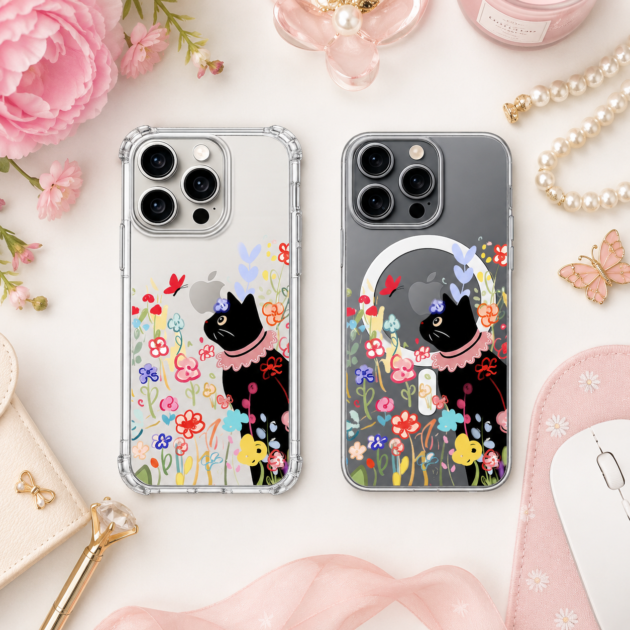 Floral Black Cat iPhone Case , Samsung Case, Cute Garden Kitty Clear Phone Case, MagSafe Compatible Whimsical Cover