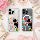 Floral Black Cat iPhone Case , Samsung Case, Cute Garden Kitty Clear Phone Case, MagSafe Compatible Whimsical Cover