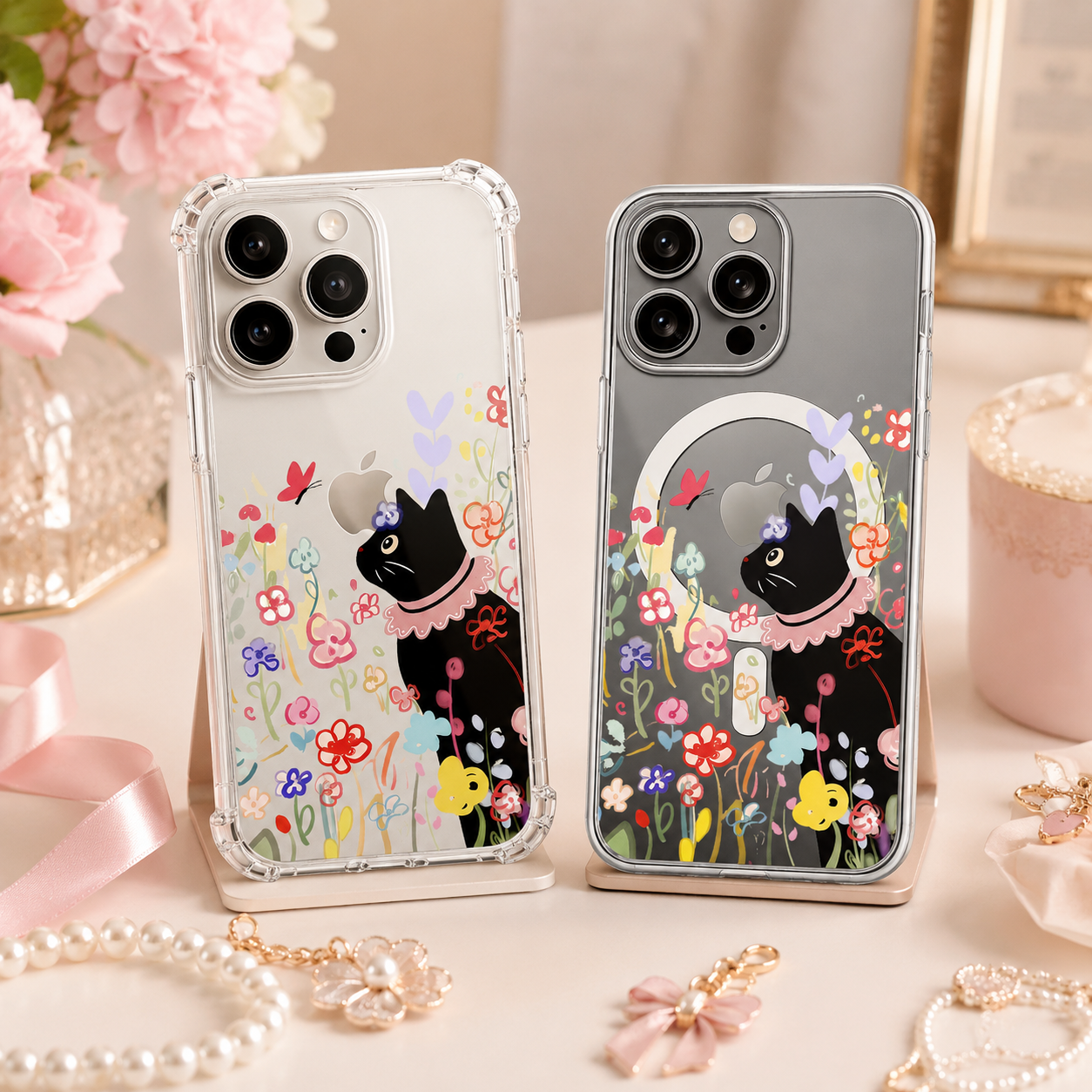 Floral Black Cat iPhone Case , Samsung Case, Cute Garden Kitty Clear Phone Case, MagSafe Compatible Whimsical Cover