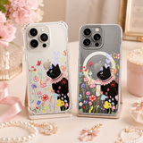Floral Black Cat iPhone Case , Samsung Case, Cute Garden Kitty Clear Phone Case, MagSafe Compatible Whimsical Cover