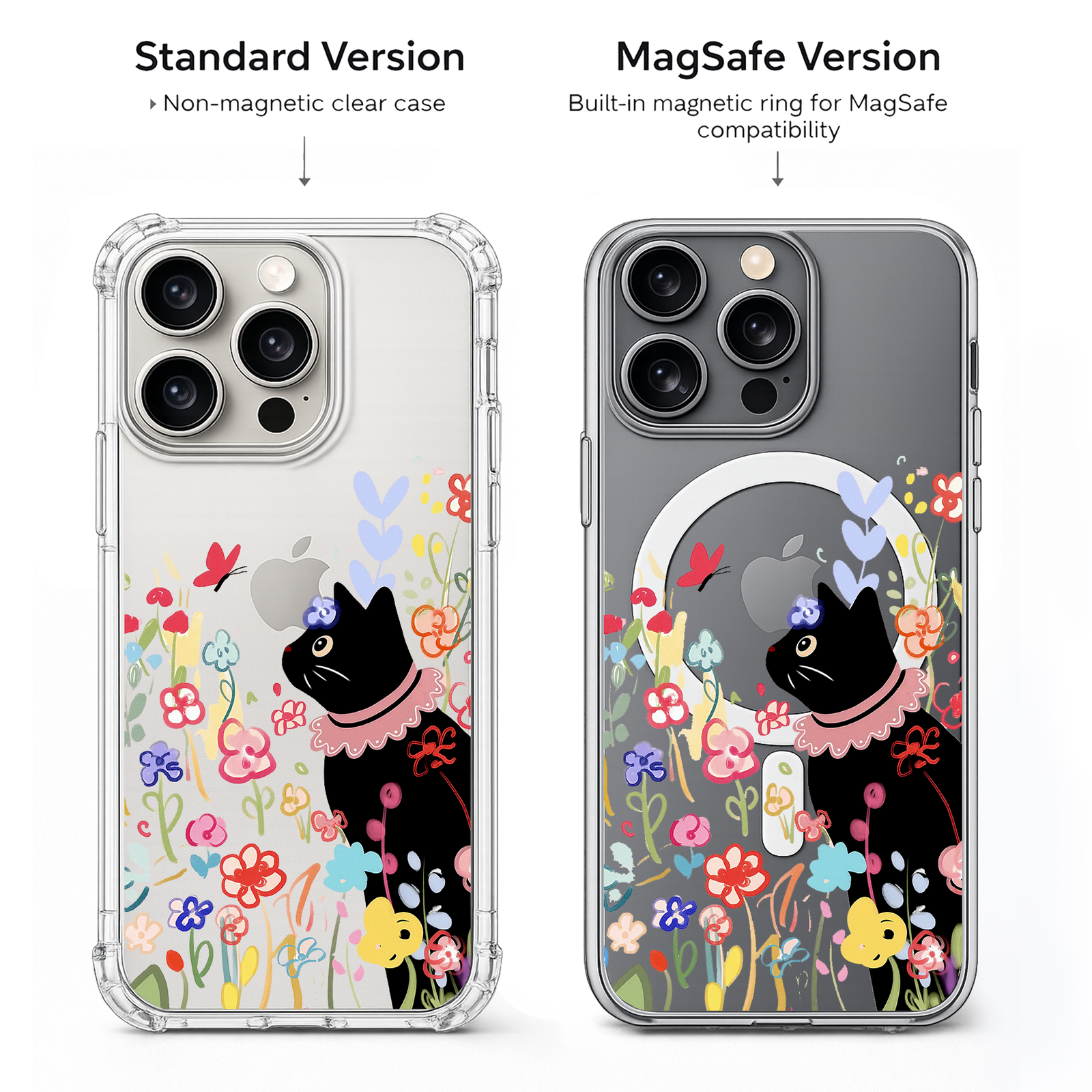Floral Black Cat iPhone Case , Samsung Case, Cute Garden Kitty Clear Phone Case, MagSafe Compatible Whimsical Cover