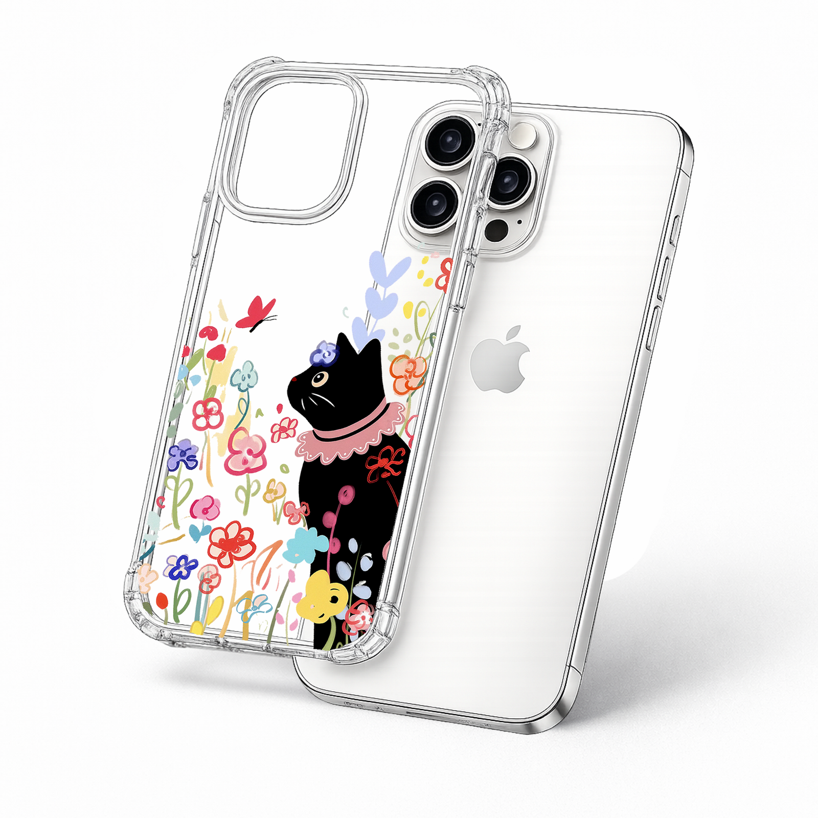Floral Black Cat iPhone Case , Samsung Case, Cute Garden Kitty Clear Phone Case, MagSafe Compatible Whimsical Cover