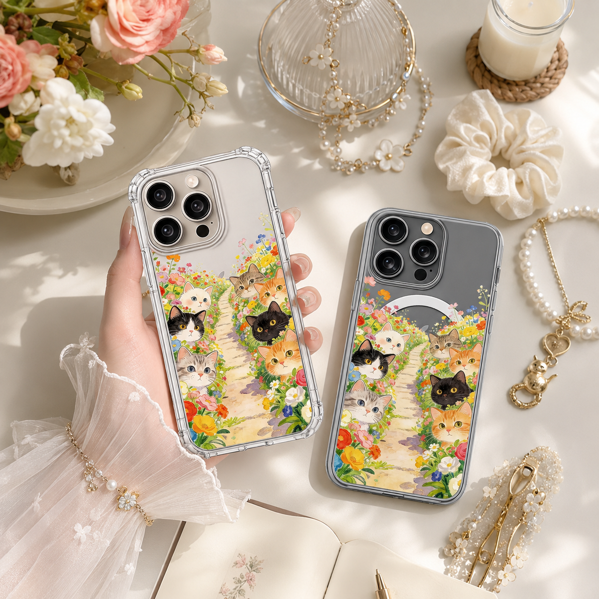 Cats in Flower Garden iPhone Case , Samsung Case, Cute Kitten Path Clear Phone Case, MagSafe Compatible Cat Lover Cover