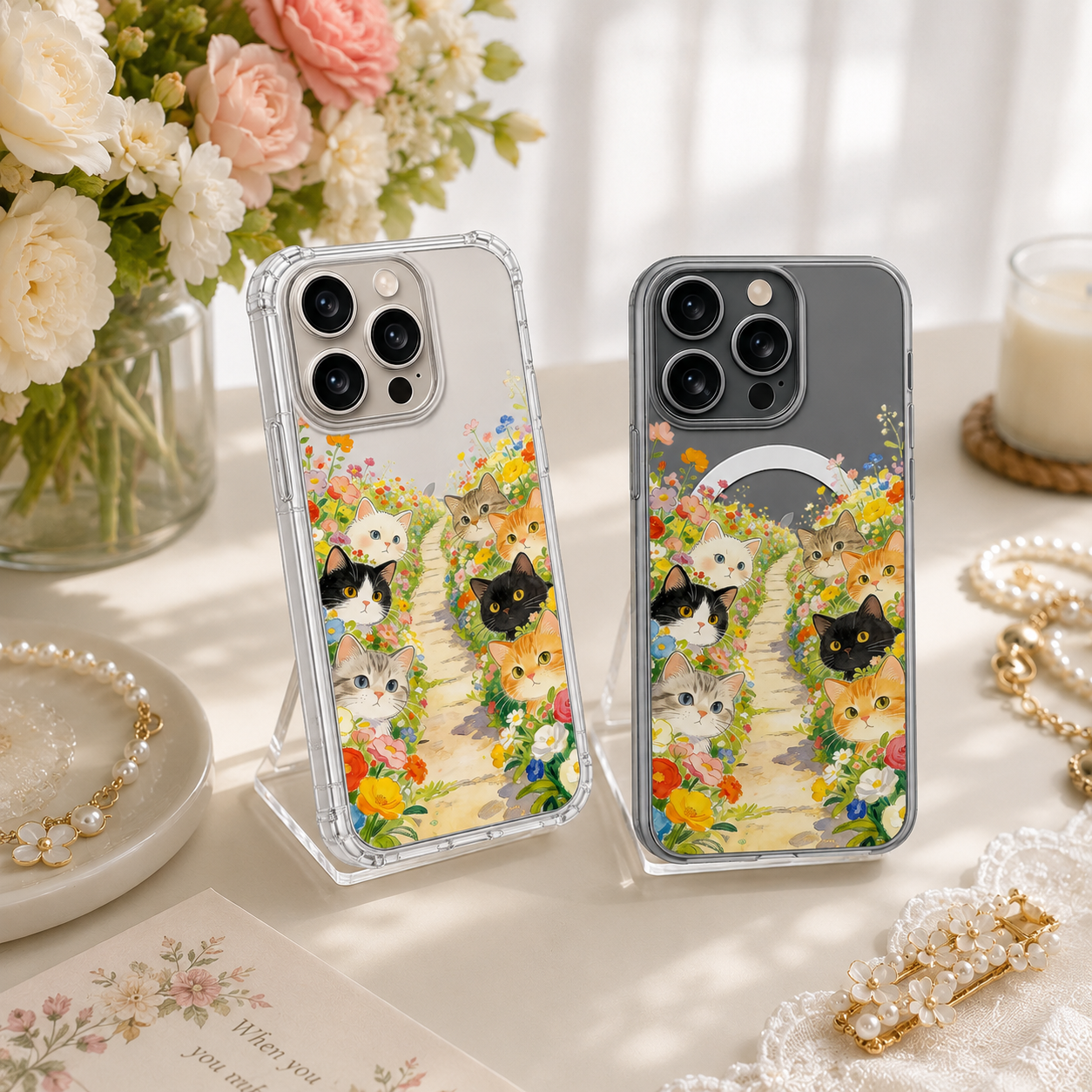 Cats in Flower Garden iPhone Case , Samsung Case, Cute Kitten Path Clear Phone Case, MagSafe Compatible Cat Lover Cover
