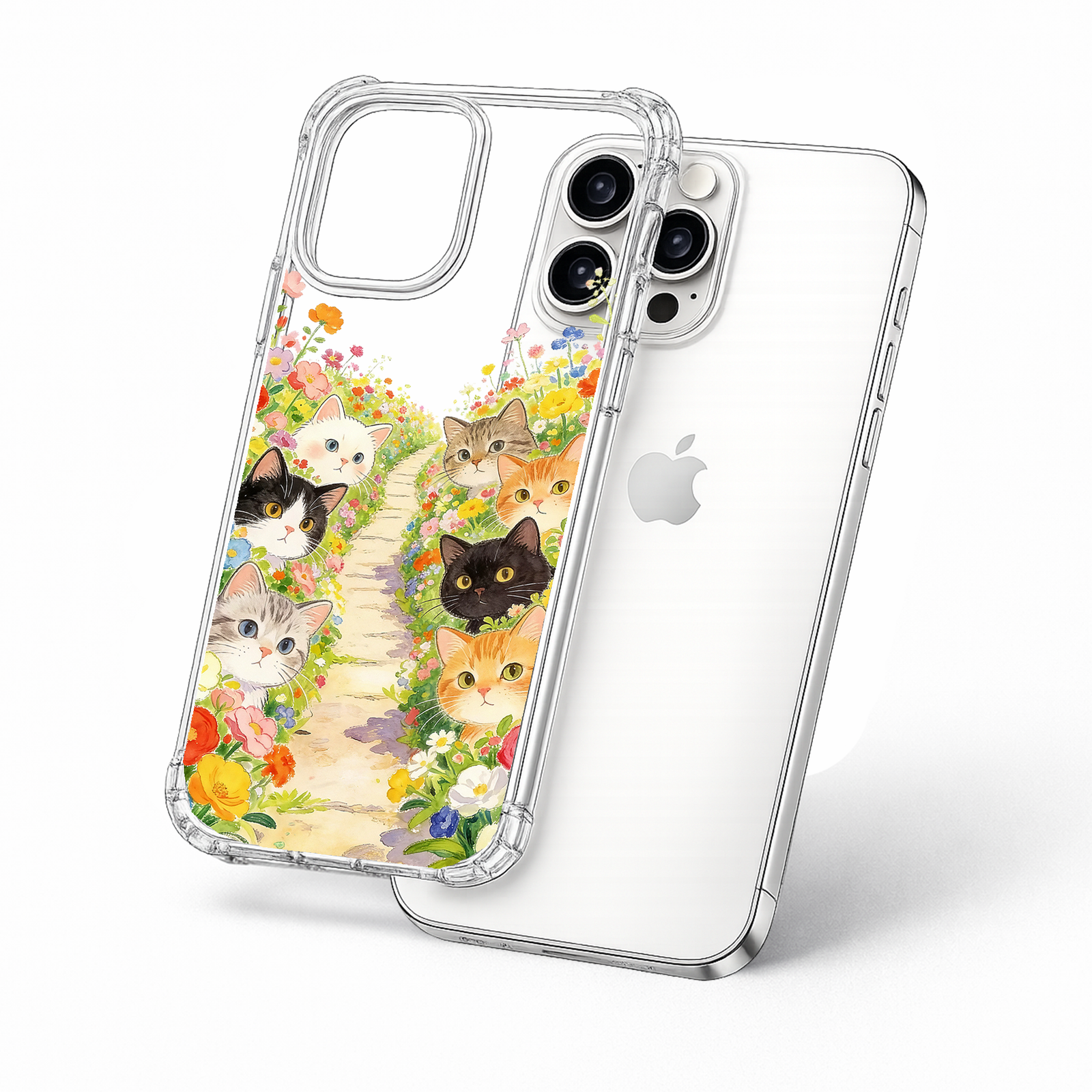 Cats in Flower Garden iPhone Case , Samsung Case, Cute Kitten Path Clear Phone Case, MagSafe Compatible Cat Lover Cover