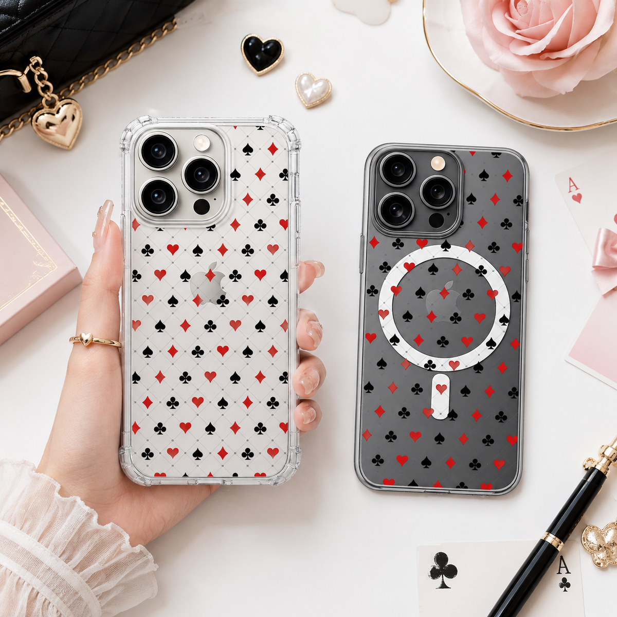 Playing Card Pattern iPhone Case , Samsung Case, Casino Suit Aesthetic Clear Phone Case, MagSafe Compatible Minimal Cover