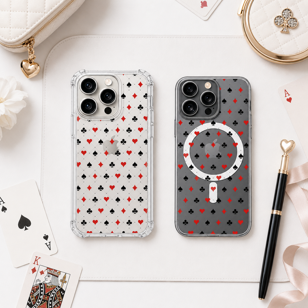 Playing Card Pattern iPhone Case , Samsung Case, Casino Suit Aesthetic Clear Phone Case, MagSafe Compatible Minimal Cover