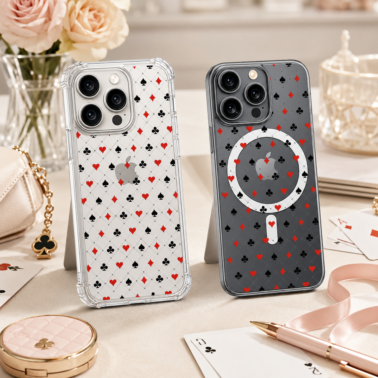 Playing Card Pattern iPhone Case , Samsung Case, Casino Suit Aesthetic Clear Phone Case, MagSafe Compatible Minimal Cover
