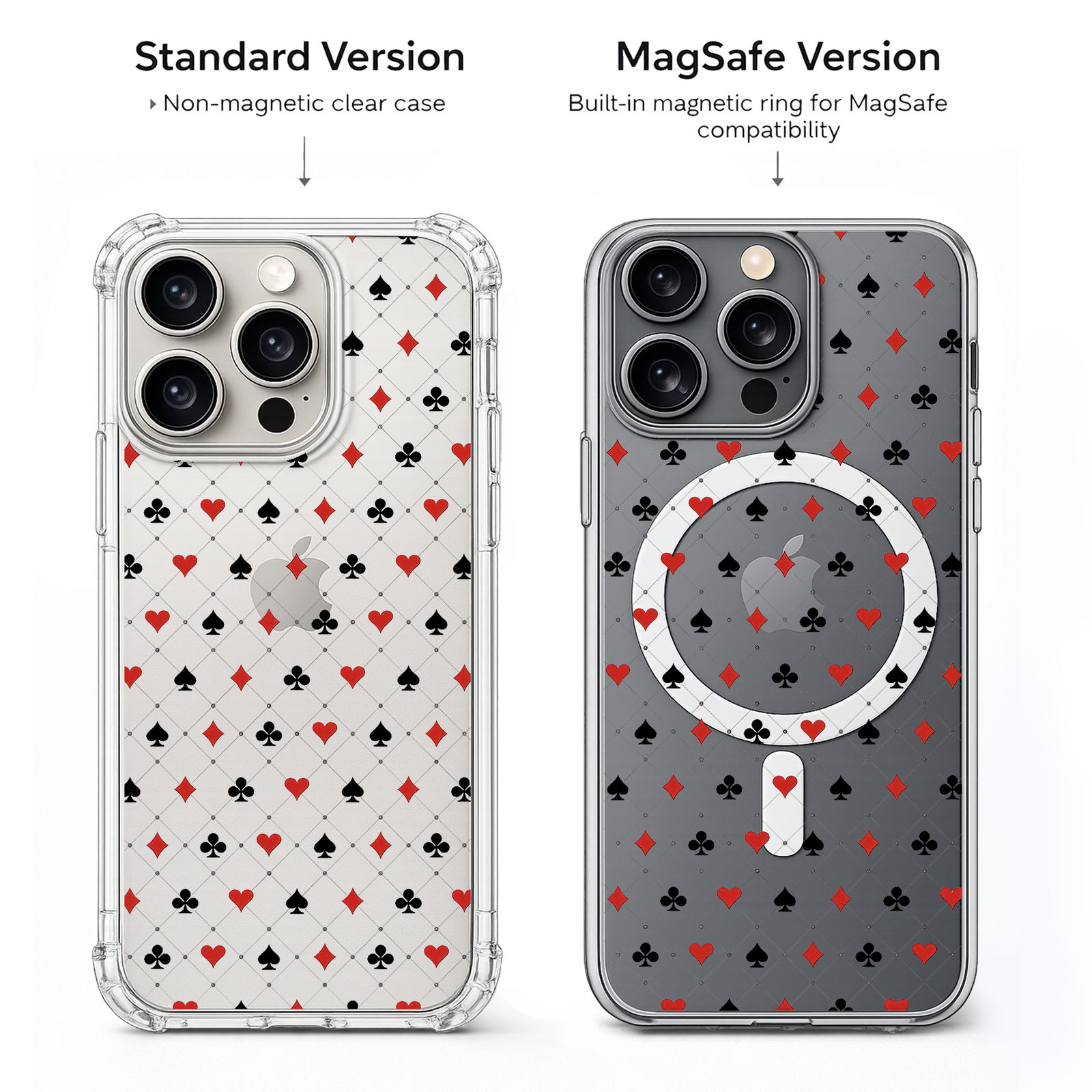 Playing Card Pattern iPhone Case , Samsung Case, Casino Suit Aesthetic Clear Phone Case, MagSafe Compatible Minimal Cover