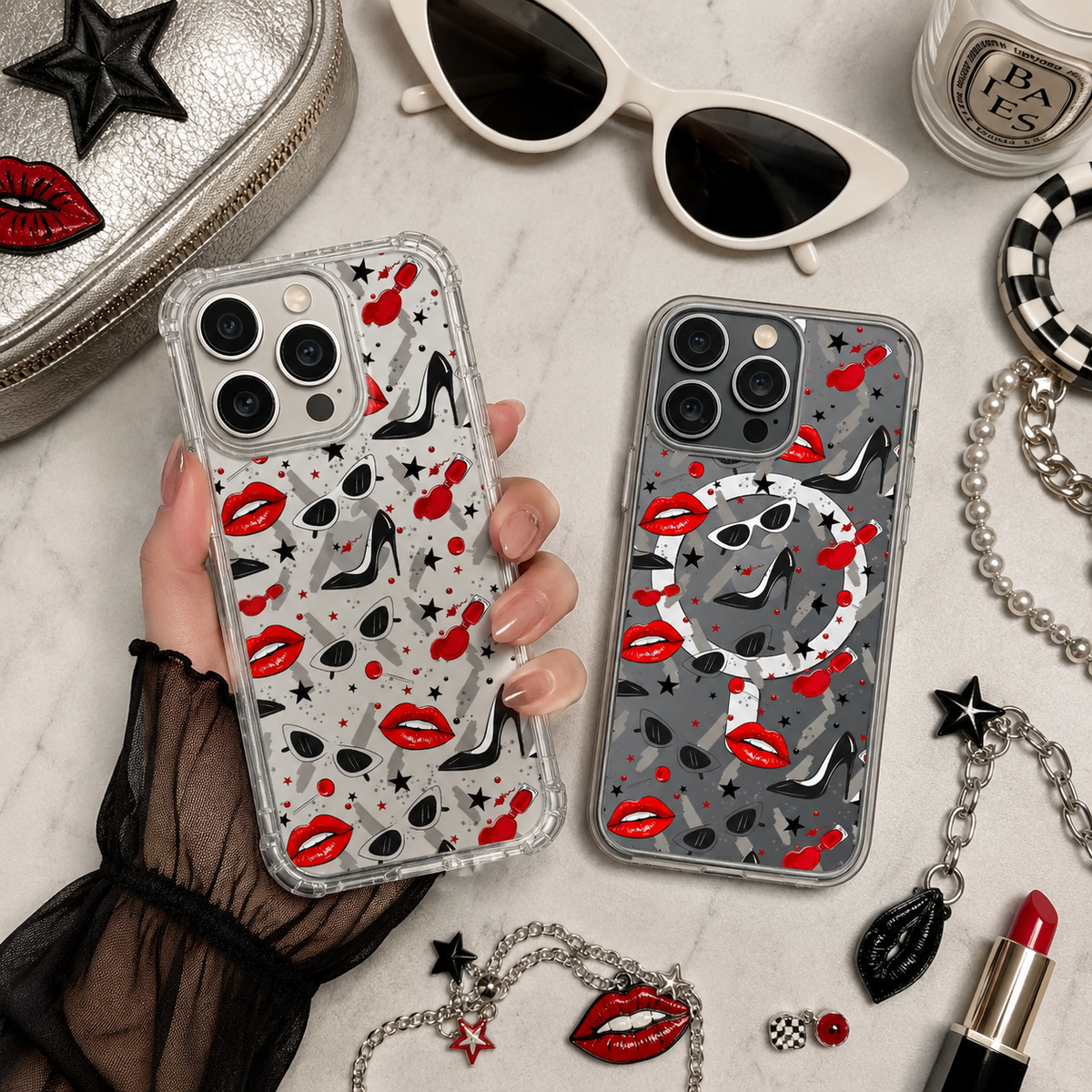 Fashion Glam Pattern iPhone Case , Samsung Case, Red Lips Heels Sunglasses Clear Phone Case, MagSafe Compatible Chic Cover